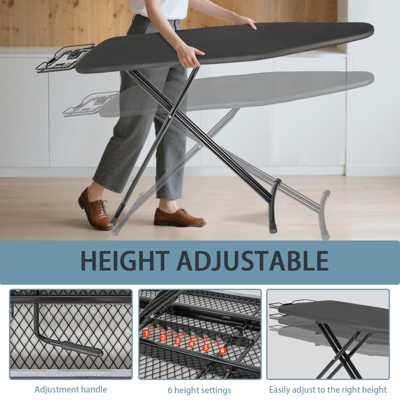 OUUTMEE Planche à Repasser 110x30 CM Pliable, Noir | Avec Repose-fer, Housse Résistante à Chaleur, Hauteur Réglable de 62 à 79CM, Pieds Antidérapants