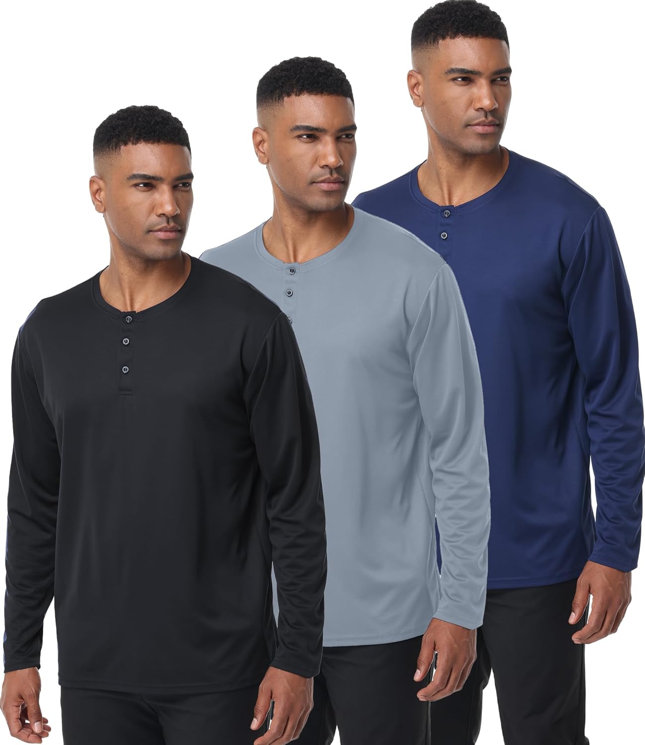 Kinglaman 3 Pack Men's Henley Shirts Long Sleeve Casual Tee Gym Workout Lightweight Regular-Fit T-Shirts