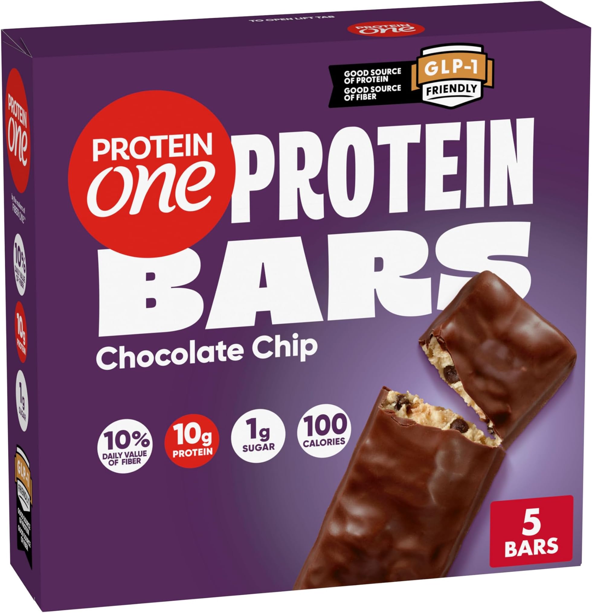 Chocolate Chip Protein Bars, GLP-1 Friendly, 5 ct, 4.8 oz | 10g Protein & 3g Fiber Per Bar, 100 Calories, 1g Sugar, 2g Net carbs