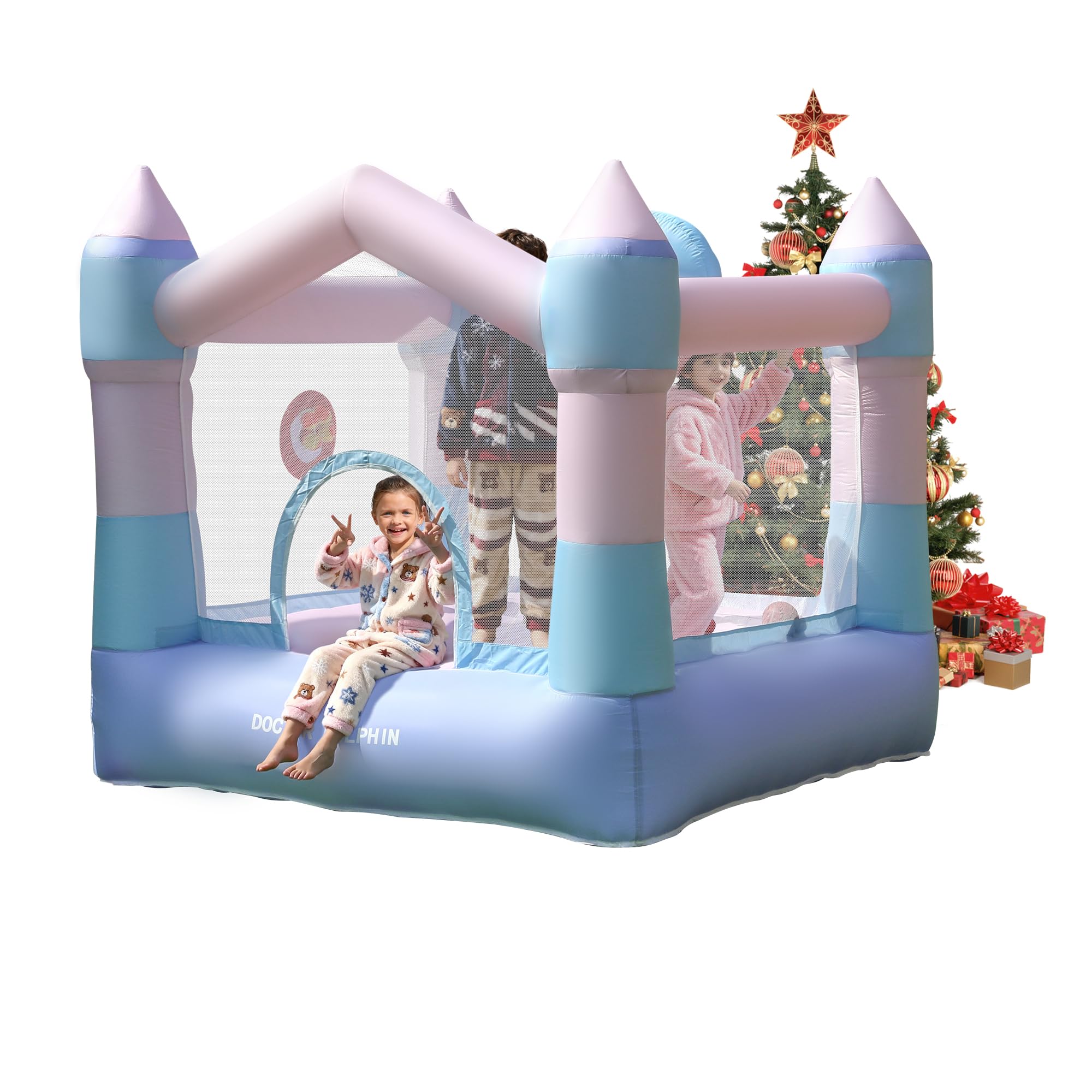 INFLATEFLY Mini Bounce House, Inflatable Bouncer with Blower for Kids 3-8, 7.05 ft L x 6.88 ft W x 6.39 ft H Bouncy Castle with Basketball Hoop,