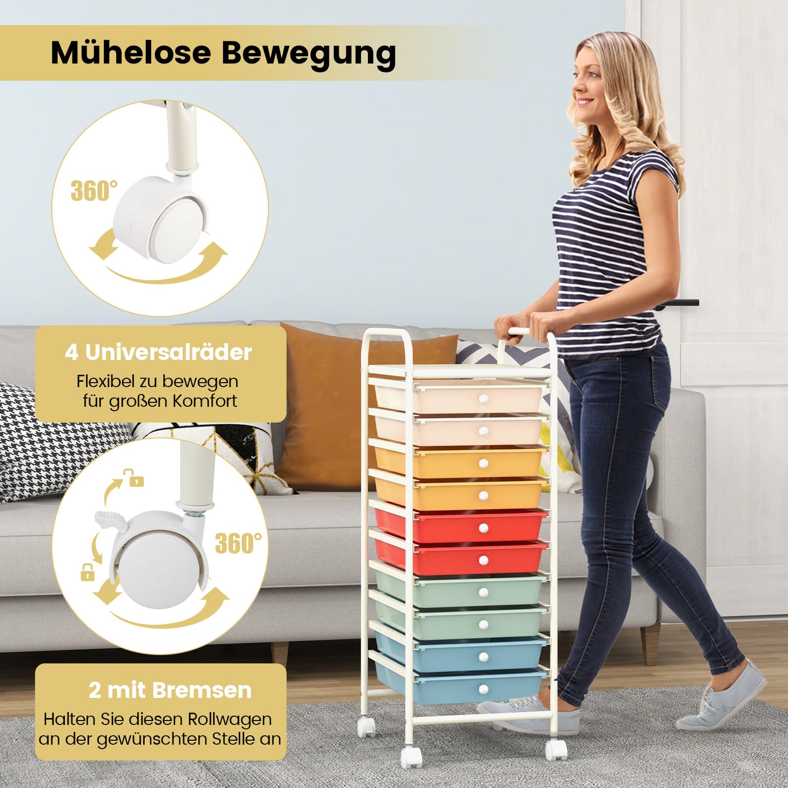 GOPLUS Rollwagen mit 10 Schubladen, Rollregal Badrollwagen, Beistellwagen Haushaltswagen Rollcontainer Badrollwagen Badtrolley Badregal (Macaron bunt)