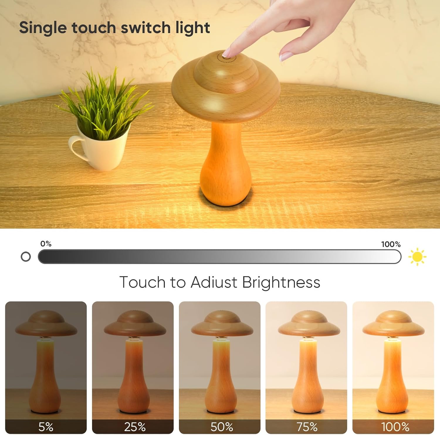 LONRISWAY Portable Cordless Touch Switch Small Wooden Mushroom Lamp,Rechargeable Battery Operated, Stepless Dimming, 360 Degree Rotation Angle Adjustable Night Light