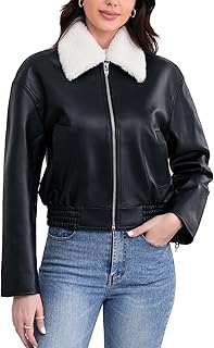 Sponsored Ad - SILVER FASHIONS Leather Jacket Women,Cropped Lambskin Bomber Jacket,Removable Sherpa Collar, Zip Front, Ela...