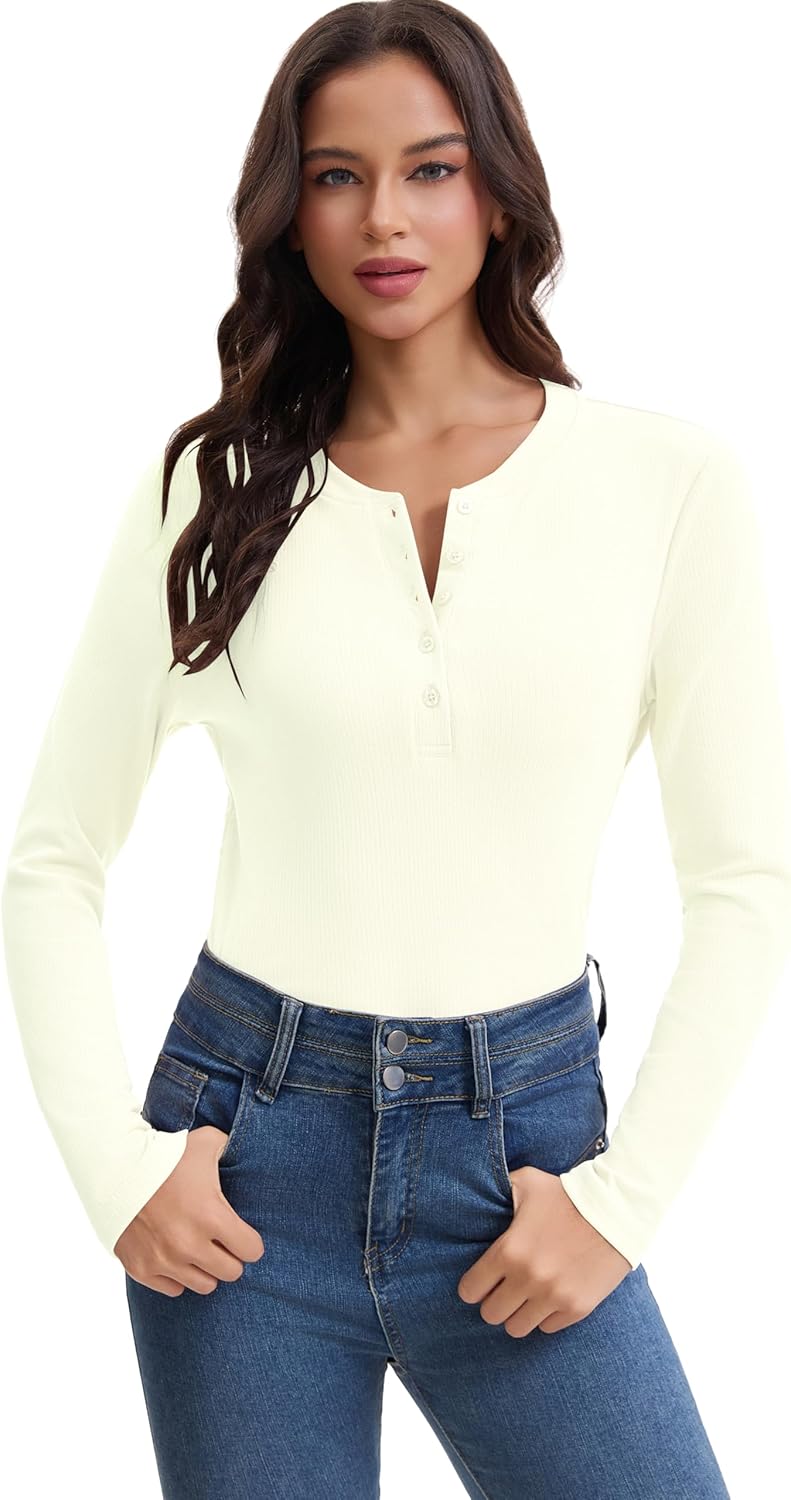 Women's Casual Henley Shirts Long Sleeve Button Up Slim Fit Ribbed Knit Blouses - Image 3