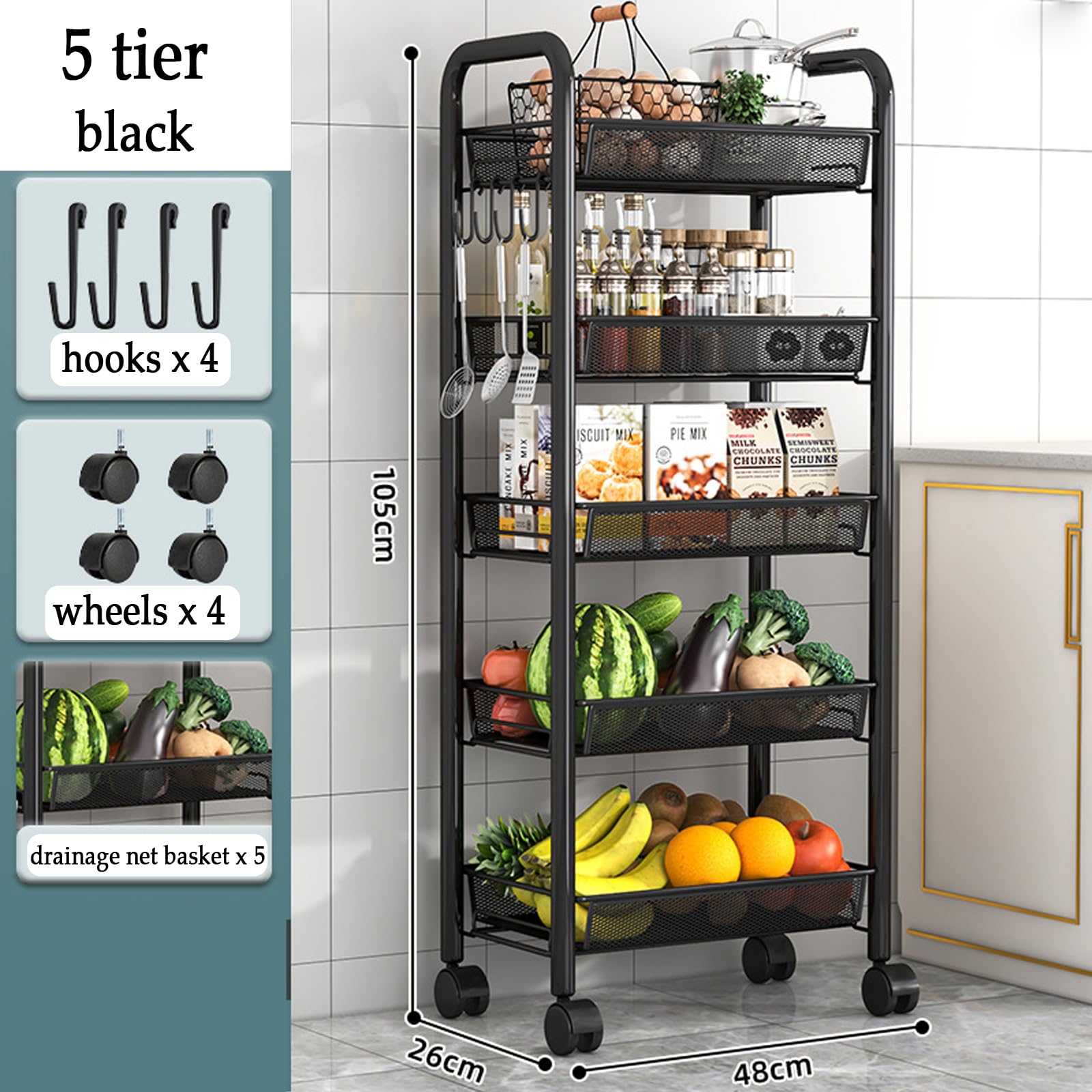 Scaffale a 5 ripiani per verdure su ruote, con unità portaoggetti da cucina per una conservazione efficiente
