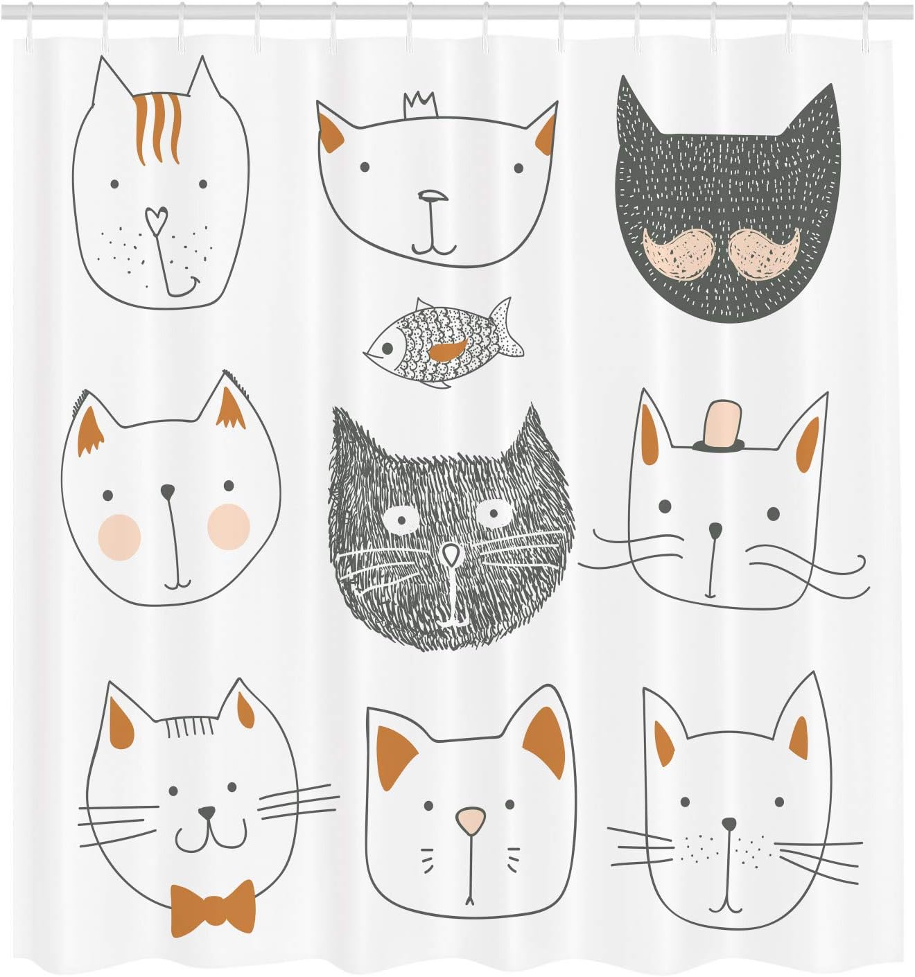 Ambesonne Cat Shower Curtain, Pets Moustache Bow Tie Hat Crown Fluffy and Fish Humor Faces Graphic, Cloth Fabric Bathroom Decor Set with Hooks, 69" W x 70" L, Amber Dimgray
