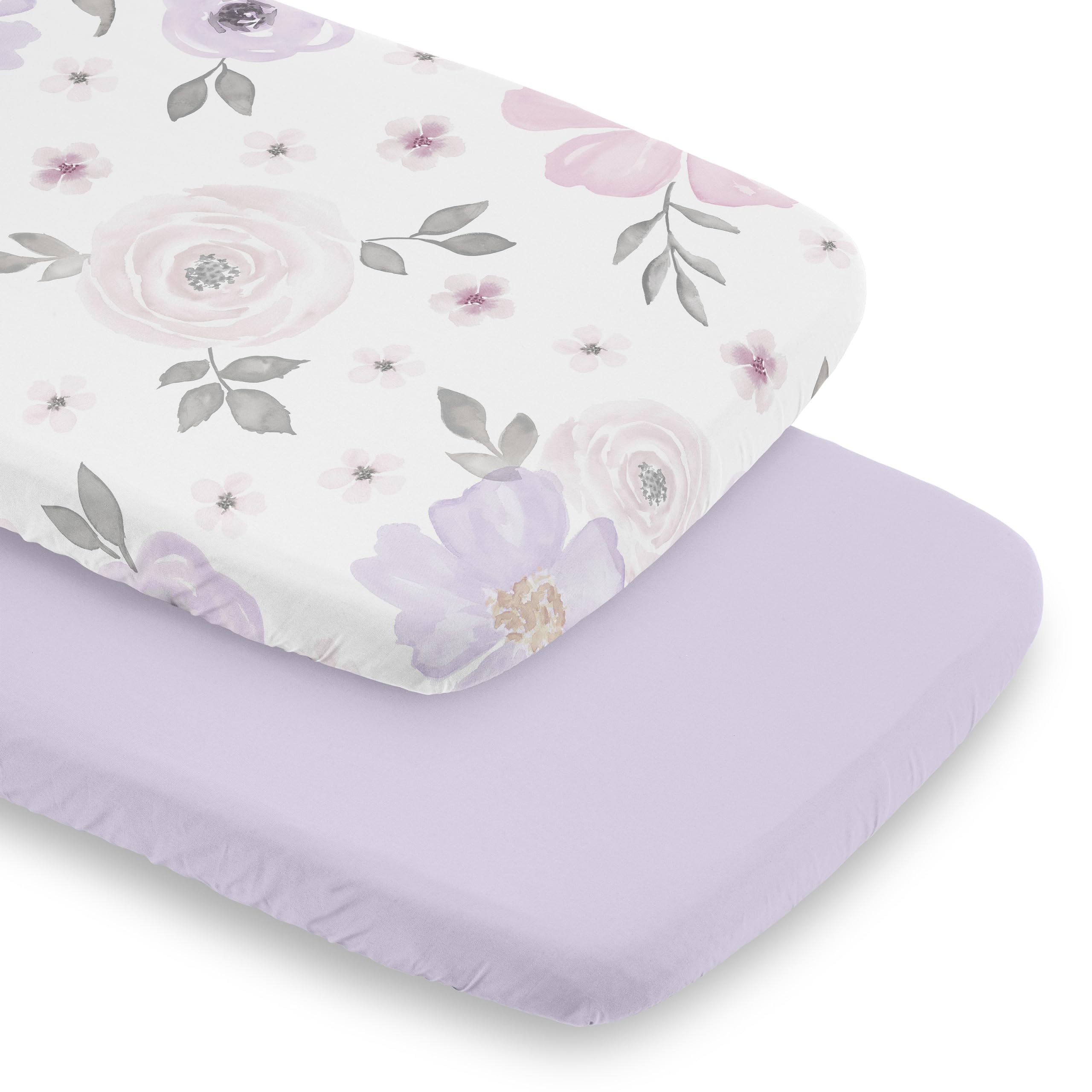 Sweet Jojo Designs 2-Piece Baby Bassinet Sheets Set (Purple/Grey Boho Floral) for Girls, Infant Newborn Nursery, Oval, Rectangle & Hourglass Mattress
