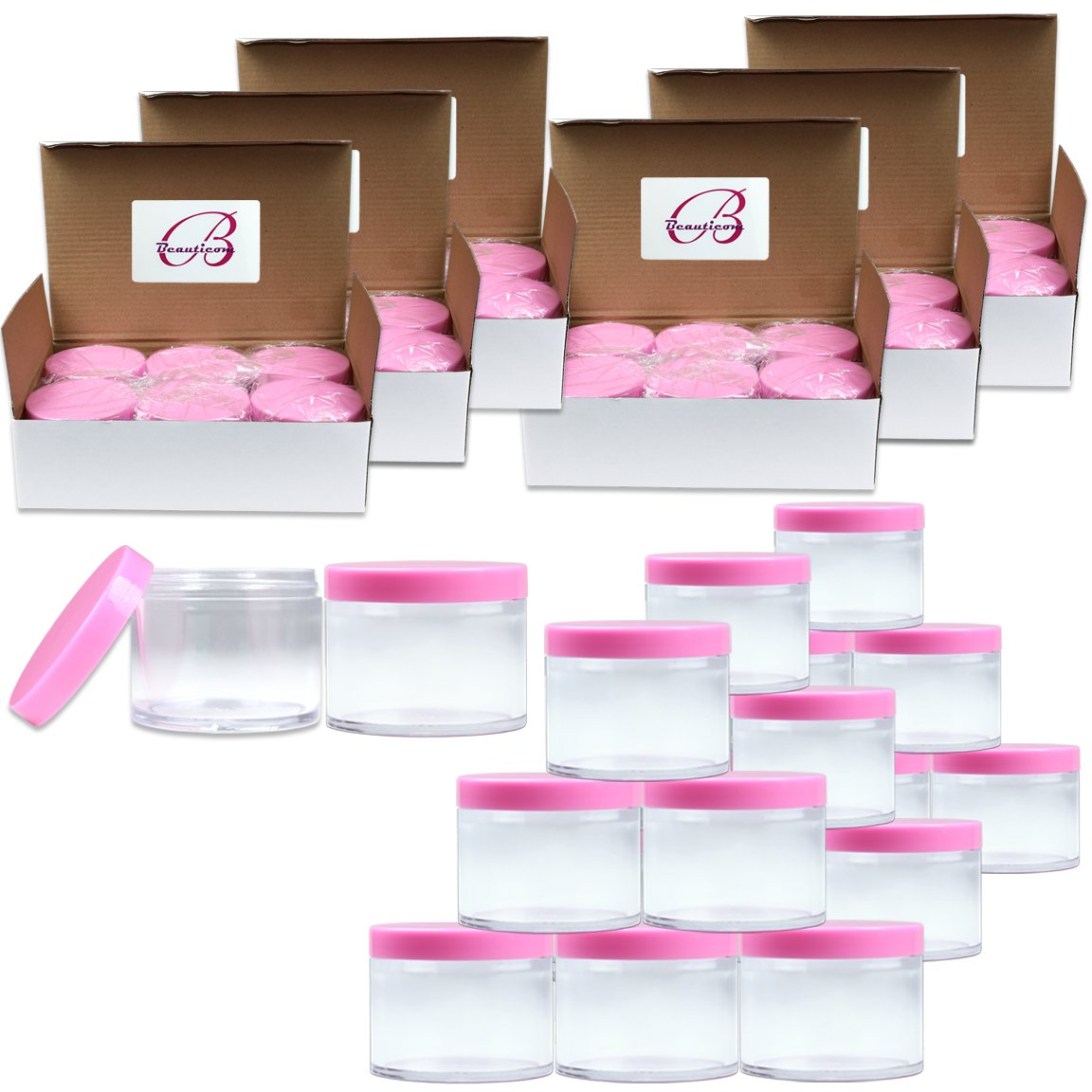 Beauticom 120g/120ml (4 Fl Oz) Thick Double Wall Leak-Proof Round Clear Plastic Jars with Flat Top Lids for Creams, Lotions, Powders, Glitters, and more… (Color: Pink Lid, Quantity: 36 Pieces)