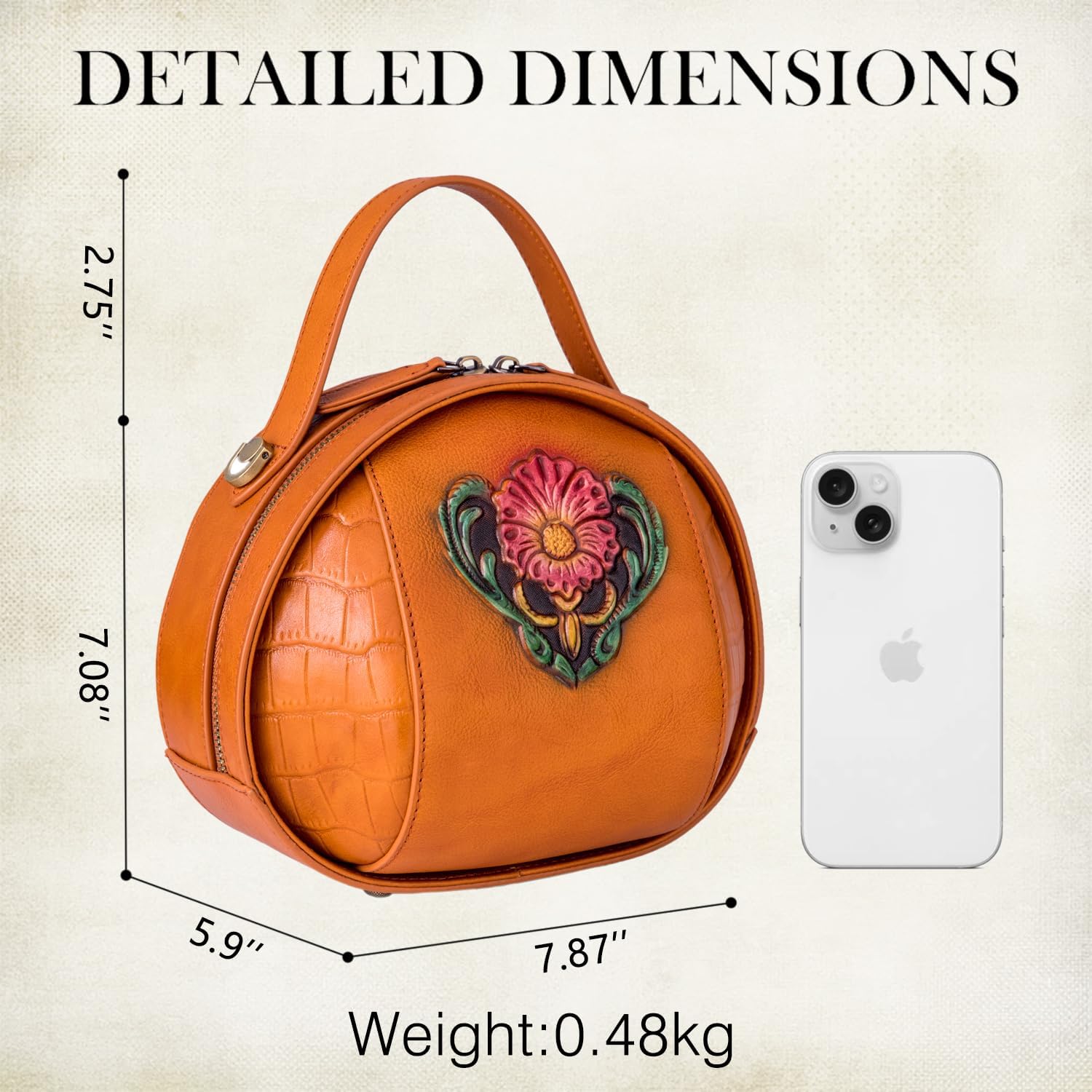 Vintage Genuine Leather Crossbody Bag for Women – Small Structured Top Handle Purse with Hand-Embossed Flower