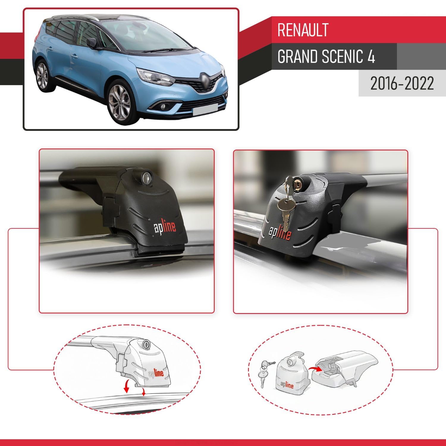 Compatible avec Renault Grand Scenic 4 2016-2022 ACE-2 Modèle Barres de Toit Railing Porte-Bagages de Voiture Aluminium Gris 2 Barres