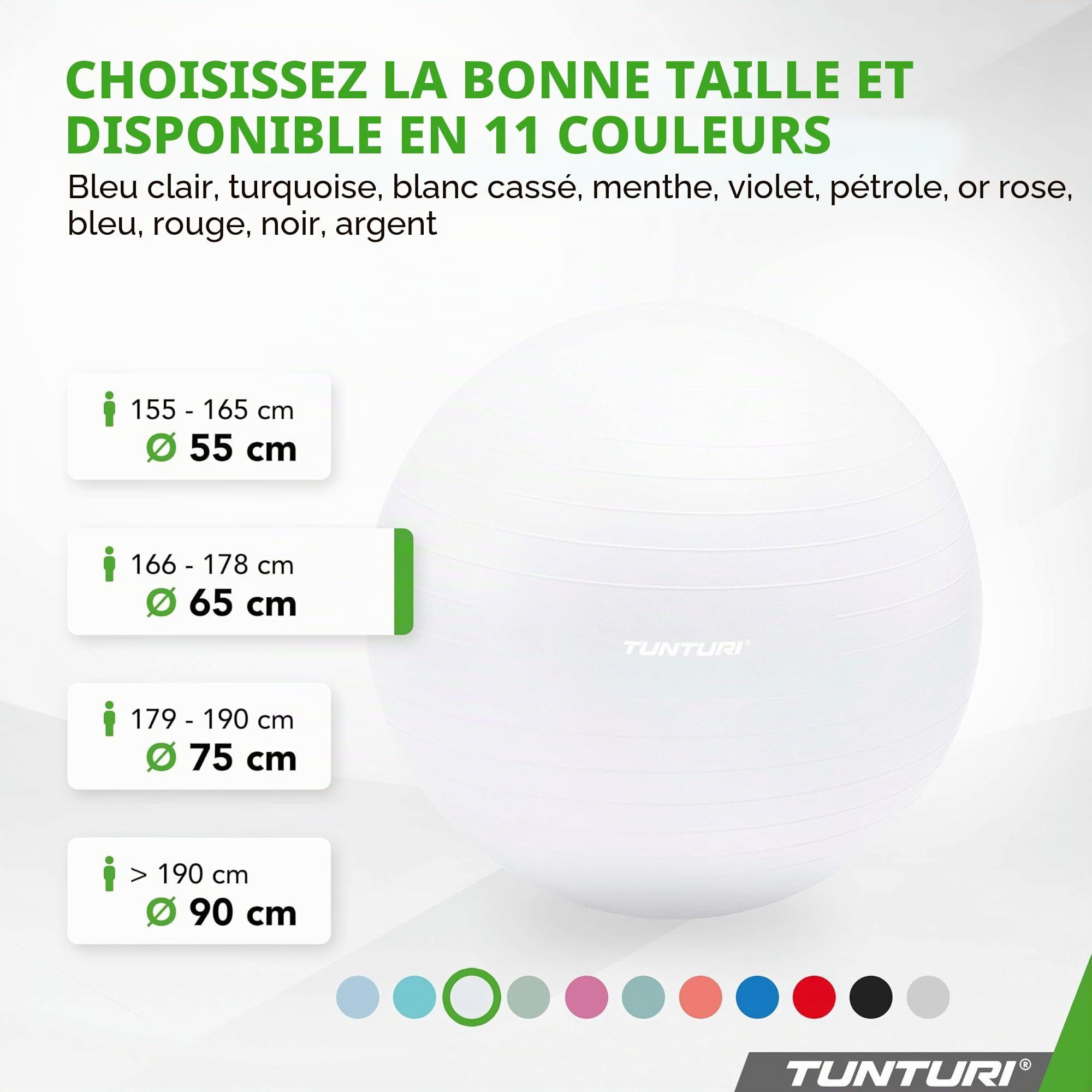 Tunturi Balle de gymnastique en 55 cm 65 cm 75 cm 90 cm Ballon de fitness pour yoga, Pilates, siège de bureau