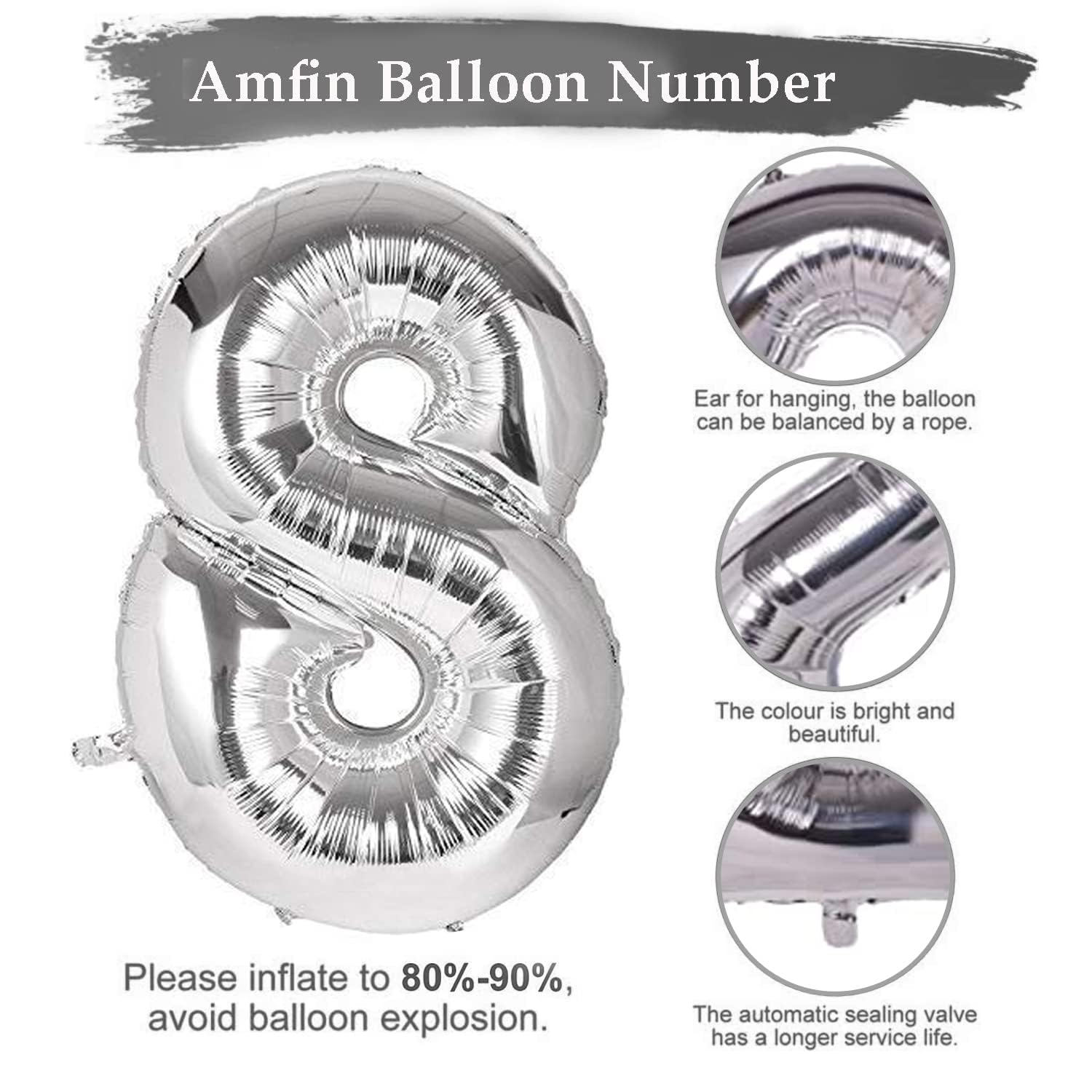 FI - FLICK IN 1 Pc Big Size Number 8 Foil Balloon 32 Inch Large Silver Number Foil Balloon 0 to 9 Number Balloons for Decoration 8th Birthday Anniversary Decoration Items (Pack of 1, Silver) 1