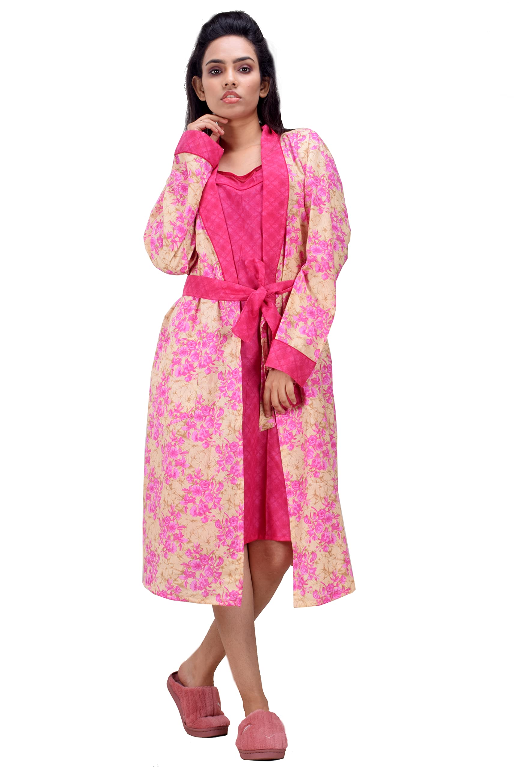 CLYMAA Women Exclusive Pure Cotton Two pcs Night Gown Set Sleeveless Inner with Full Sleeves Robe/Housecoat