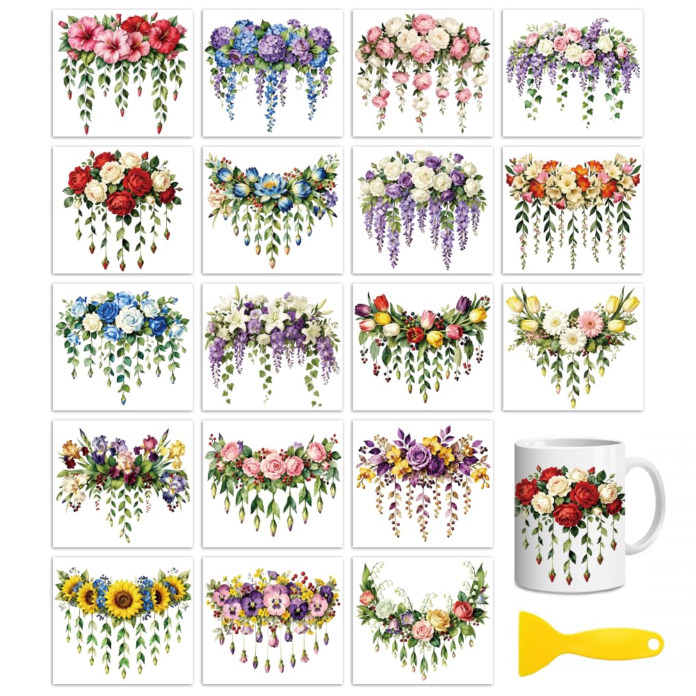 Peacoblue 18 Sheets Rub On Transfers for Crafts, Colorful Floral Garland 3.6"x3.9" UV DTF Cup Wrap Waterproof Cold Transfers Stickers for Wood Glass Cup Tumblers Mirrors Mugs Home Decor