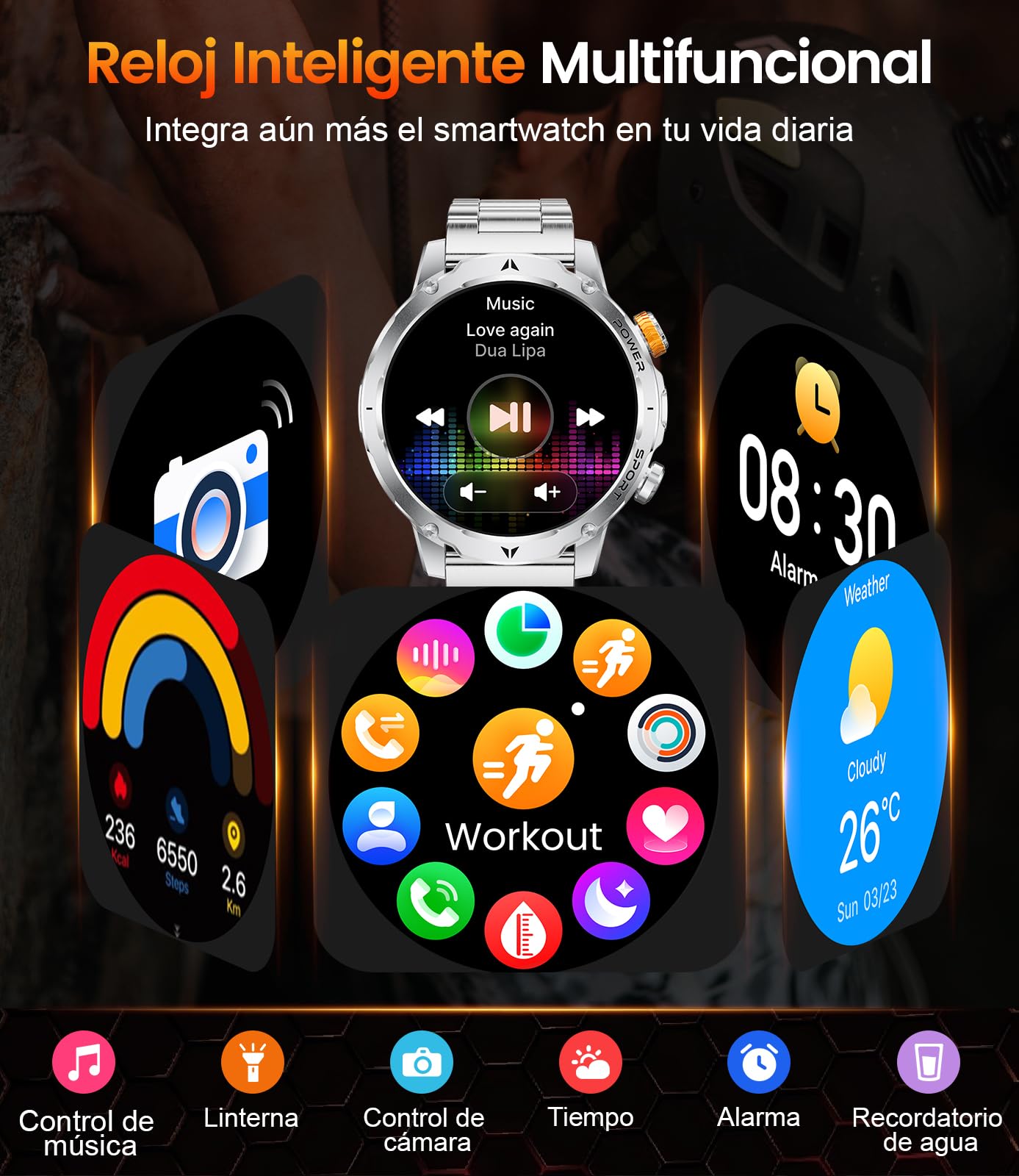 Reloj Inteligente Hombre Militar 1000mAh, Smartwatch 1,7'' con Linterna LED y Llamadas Bluetooth, 110+ Modos Deportivos, IP68, Frecuencia Cardíaca 24H, Android/iOS, 3 Pulseras + 2 Cargadores, EF24-B