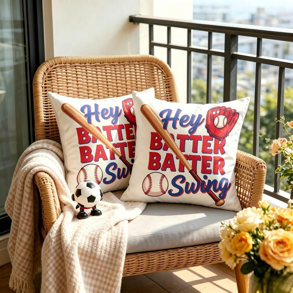 Hey Batter Swing Baseball Sport Linen Pillow Covers -16x16