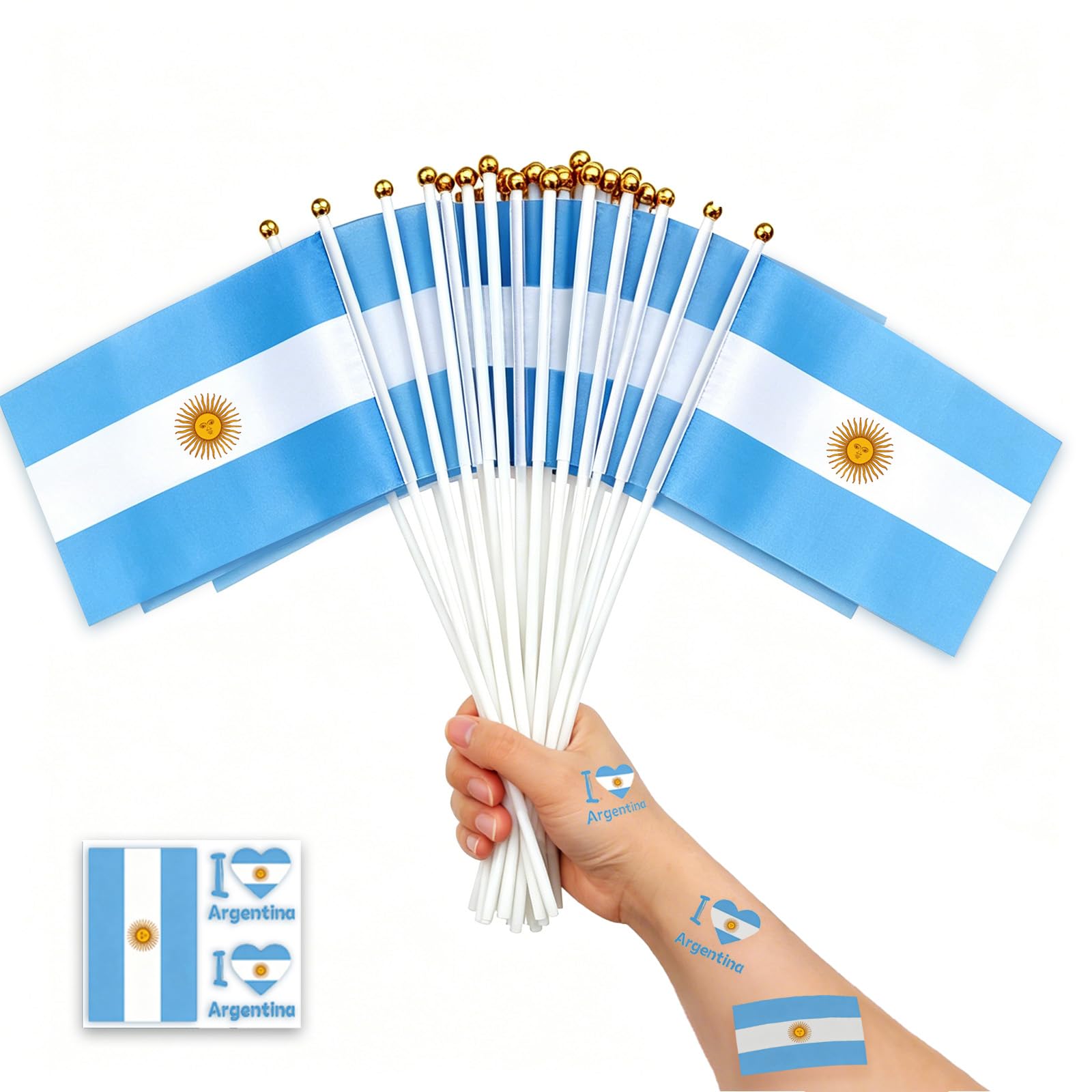 LIANRISES 30Pcs Mini Argentina Flag(14x21cm) & 30Sheets Temporary Tattoo Paper for World Cup, Cowboy Pilgrimage Festival,National Day,Lndependence Day and other Anniversary, Lawn,Football Party Decor