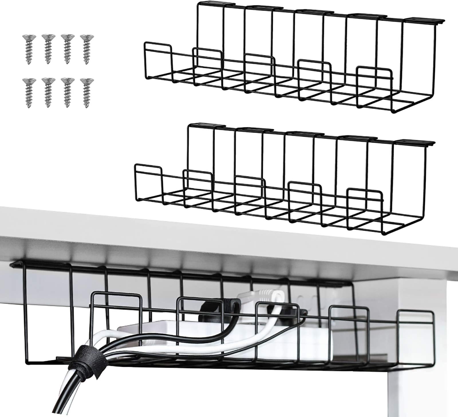2 Packs Cable Management Tray, 16 inches Under Desk Cable Organizer for Wire Management, Metal Wire Cable Tray for Desks, Offices, and Kitchens (Black)