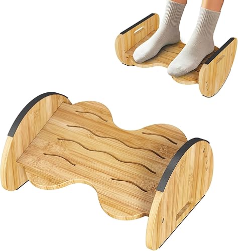 Reposapiés ergonómico de bambú para debajo del escritorio, reposapiés mecedora reversible 2 en 1, reposapiés de oficina de 4 alturas ajustables,