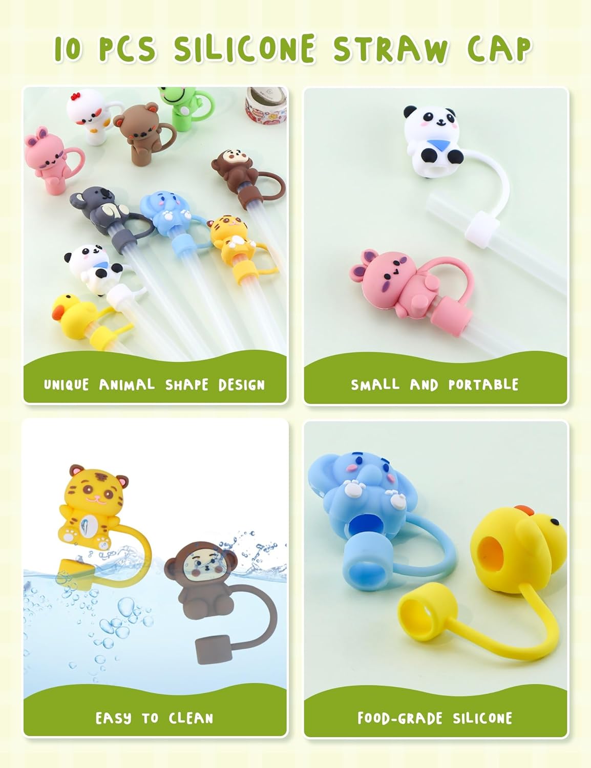 10PCS Cute Animal Straw Cover, 10mm Reusable Dustproof Drinking Straw Topper lids, 0.4 inches Silicone Covers Cap Compatible with Stanley 30&40 Oz Cup - Image 4