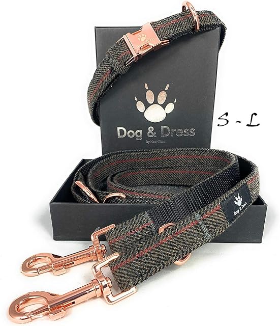 DOG & DRESS Dog Collar and Lead Set, Rose Gold, Adjustable, Dog Lead 2m, 3 Rings, Carabiner, Strong Tweed + Nylon, Gift Dog (M/L 40-63 cm neck circumference)