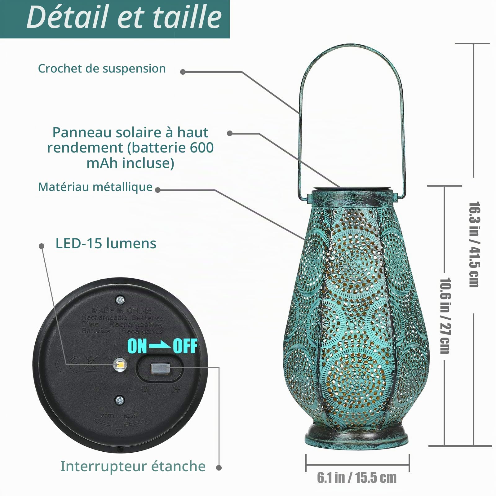 Lanterne Solaire LED pour Extérieur Grande, Lampes Solaires en Métal pour Suspendre Extérieur, Lanterne Solaire JOYCREATOR avec IP65 Étanche pour Jardin Terrasse Balcon Décoration (Turquoise/Large)