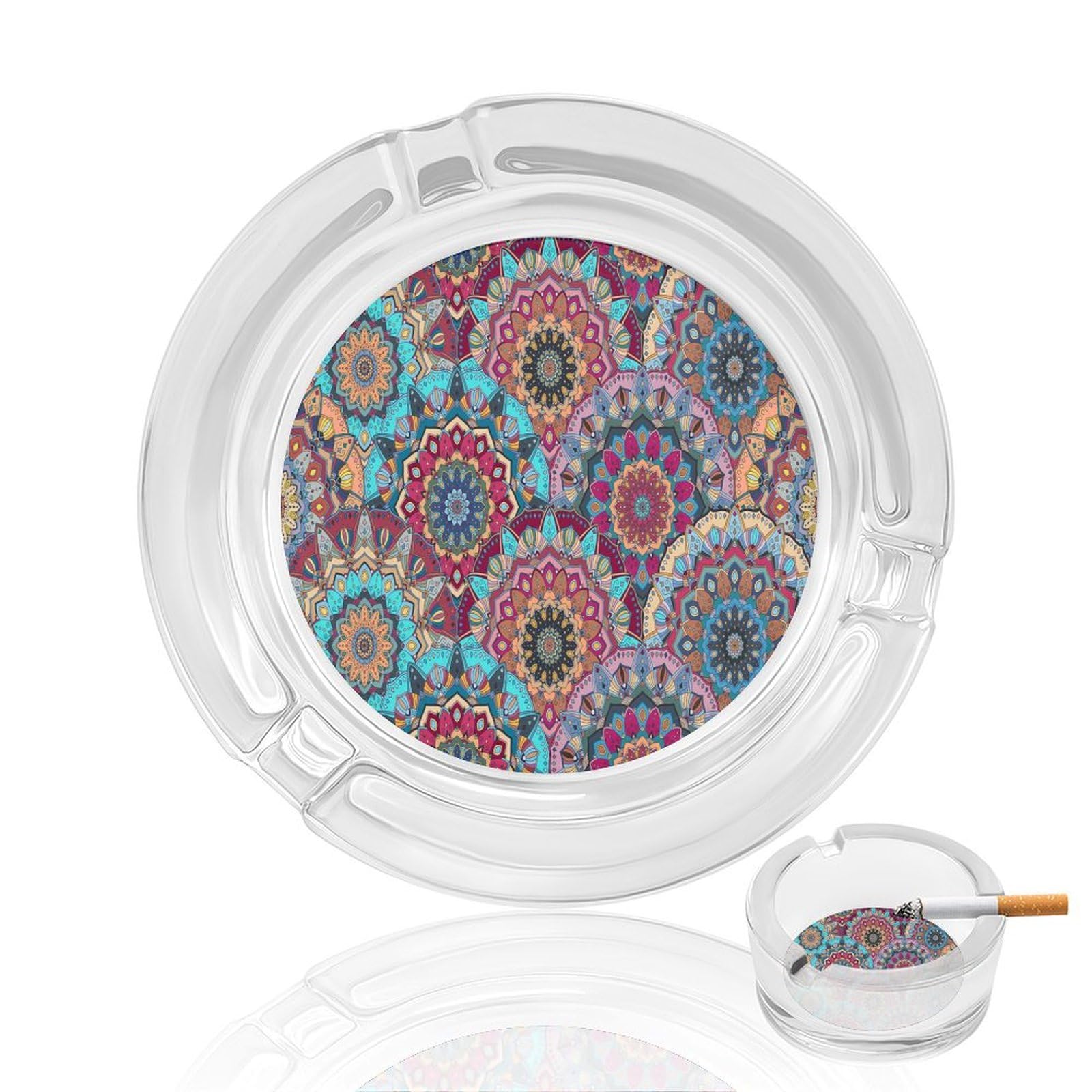 Colorful Mandala Pattern279 Glass Ashtray 3.3 Inch Round Cigarette Ash Holder with 4 Grooves for Home Office Outdoor One Size