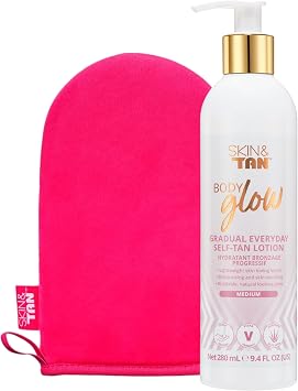 Skinny Tan Body Glow Moisturising Gradual Tan Lotion - Fake Tan Moisturiser, Cruelty-Free, Paraben Free & Vegan Tanning Moisturiser, Body Lotion with Coconut & Vanilla Aroma, 280ml Plus Mitt Bundle.