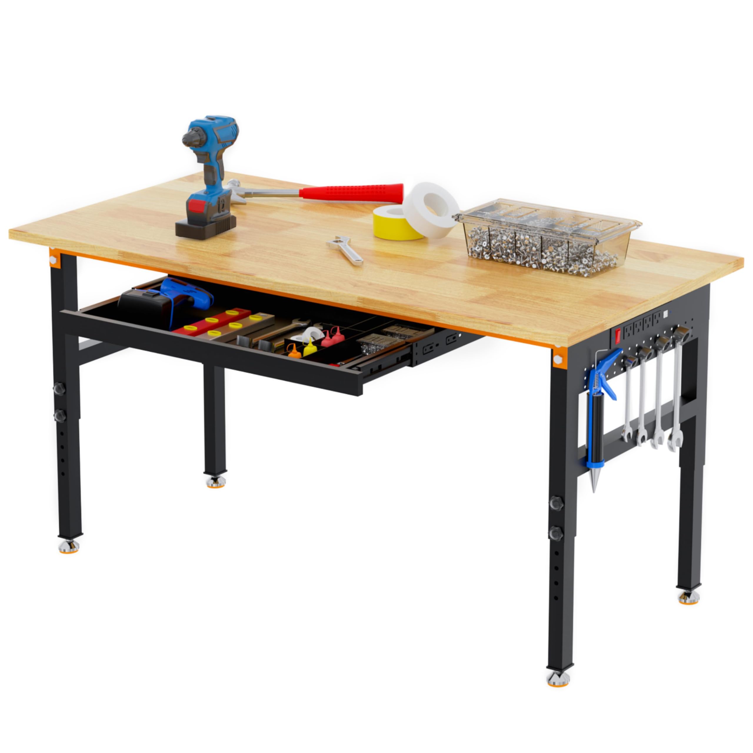 Betterhood 60" Adjustable Height Workbench, 2000 LBS Heavy Duty Work Table with Power Outlets & Pegboard, Rubber Wood Workstation for Garage, Workshop