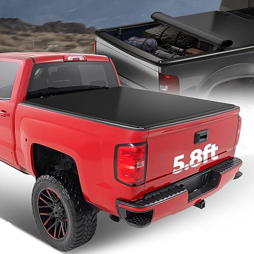 Auto Dynasty Soft Roll-up Truck Bed Tonneau Cover Compatible with 2007-2018 Chevy Silverado GMC Sierra 1500 5.8FT Fleetside/Styleside Bed Without Rail Systems, Matte Black Soft Vinyl Top