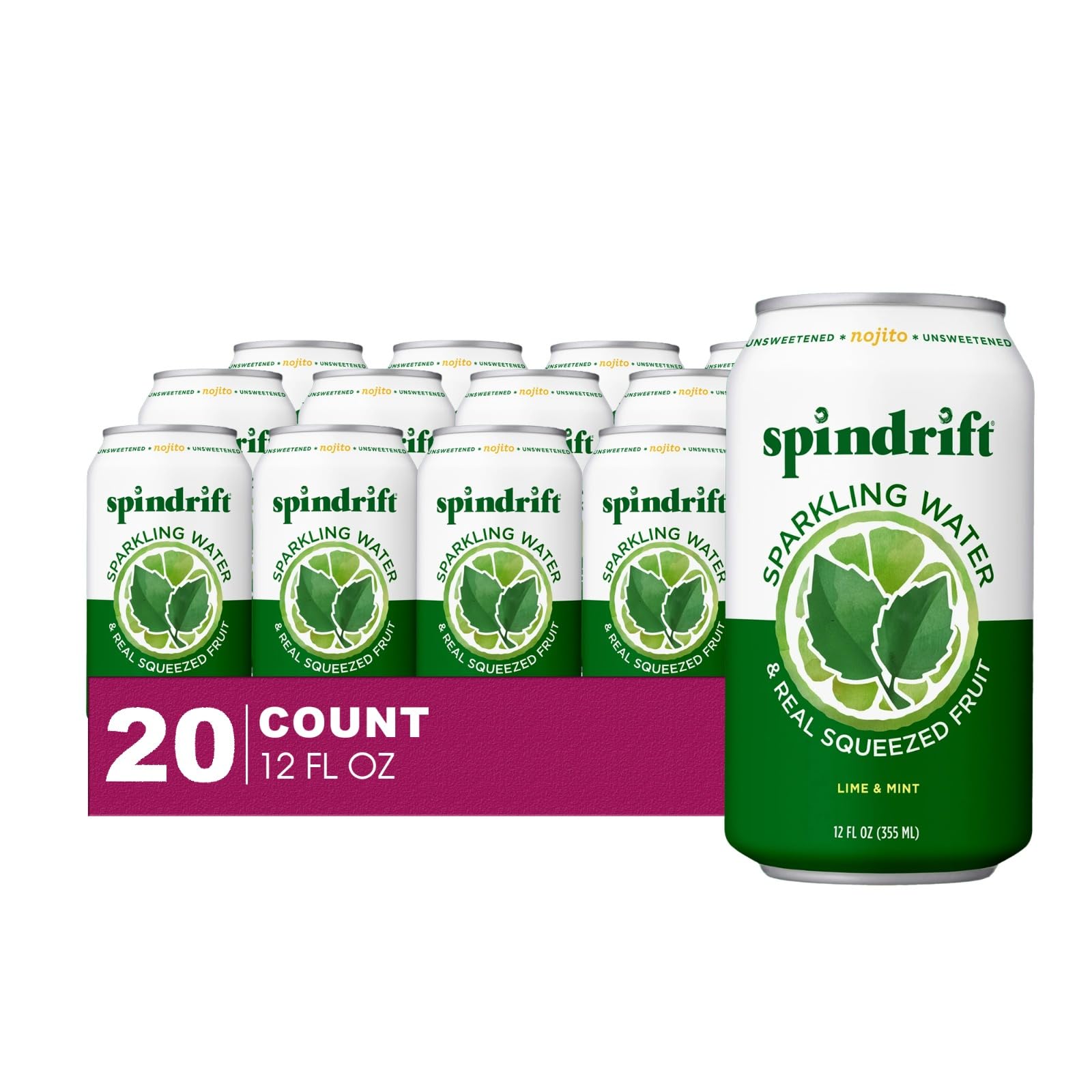 Spindrift20- Pack of Nojito Lime & Mint Sparkling Water & Real Squeezed Fruit 12 fl oz Can