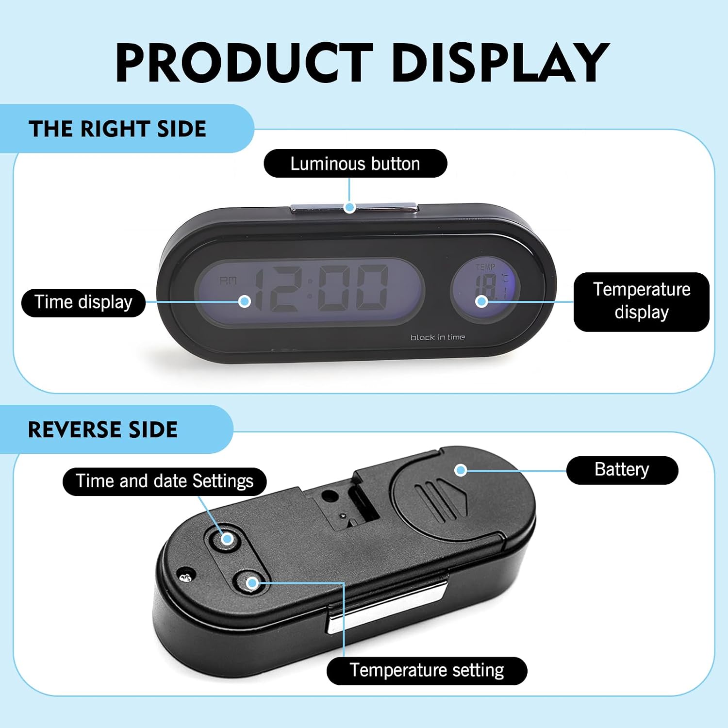 Car Clock, Glow-in-The-Dark HD LED Screen Clock with Fixing Base, 12/24 Hours Switching Temperature Display Design, Multi-Function Self-Adjustable No View Blocking Dashboard Watch (Black)