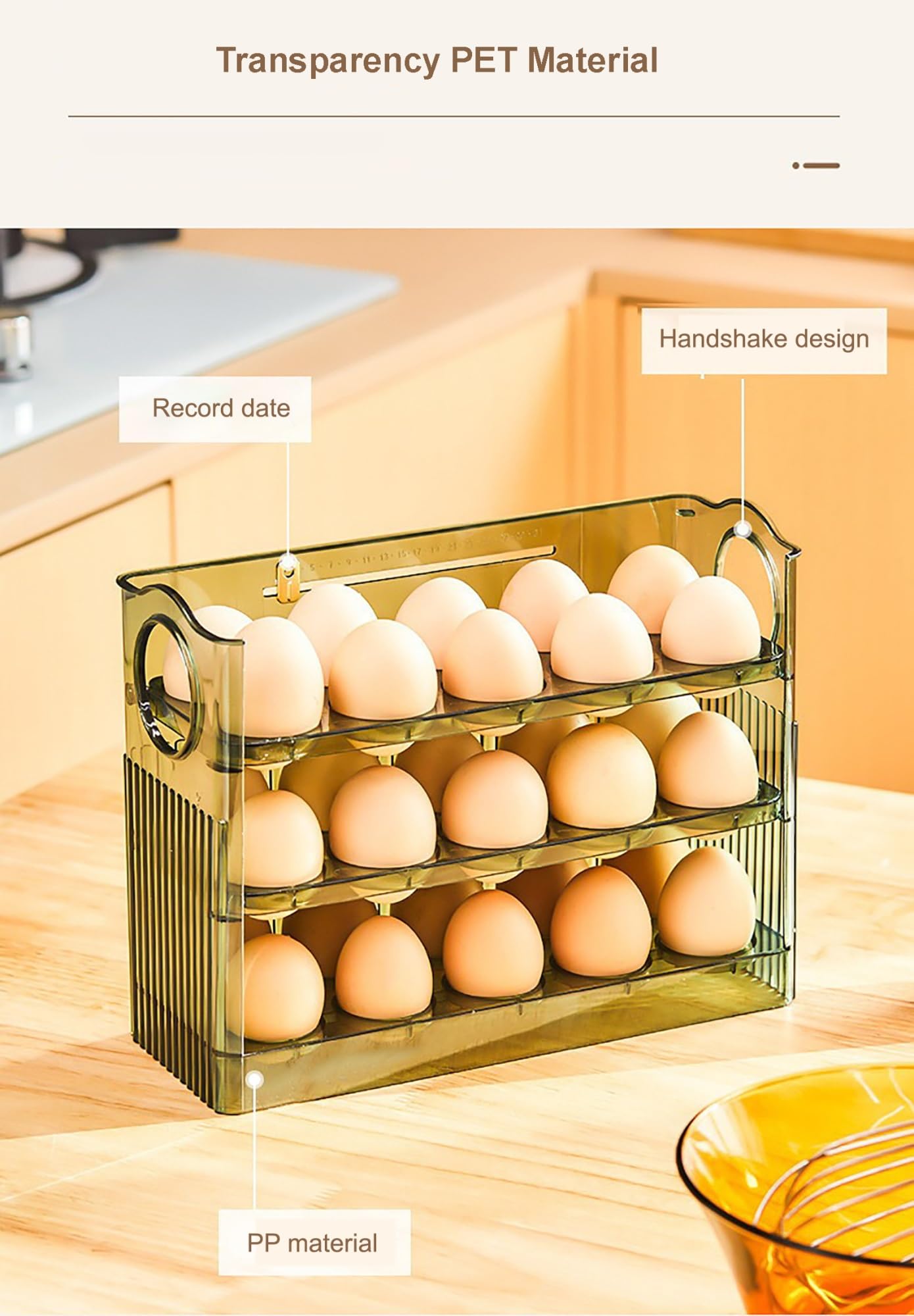 Bandeja for huevos con tapa de 3 for frigorífico, organizador de huevos de polipropileno, caja de almacenamiento de huevos for frigorífico, dispensador de huevos con escala de tiempo(Clear)