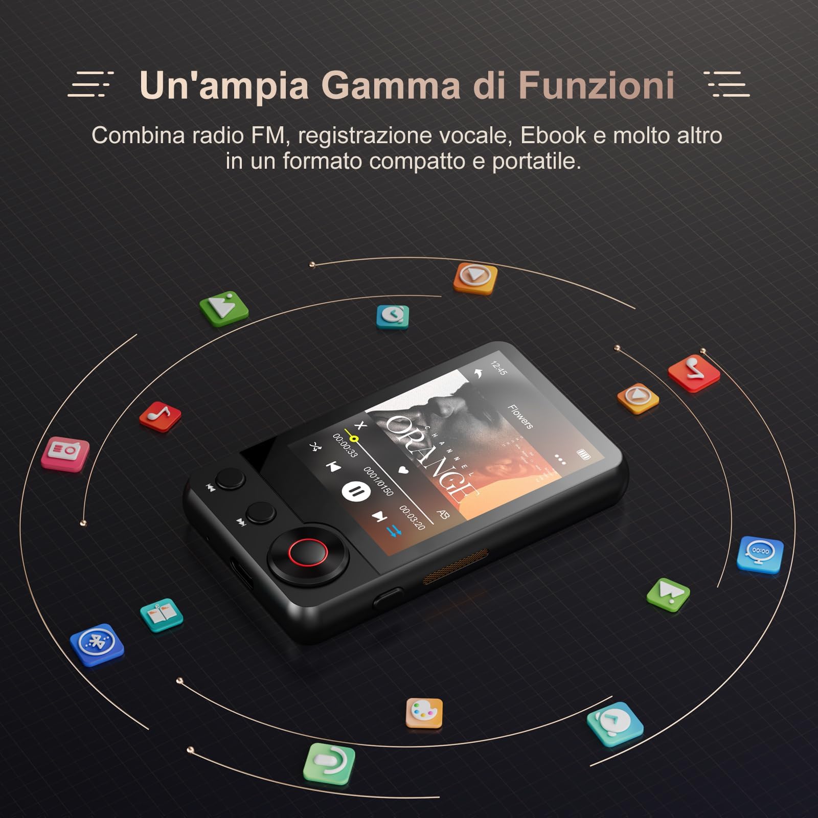 MECHEN Lettore MP3 128 GB con Bluetooth 5.3, Audio Duale, Touchscreen da 2,4 pollici, Funzione di Ricerca, Rotella di Scorrimento, Video, Radio FM, Registratore