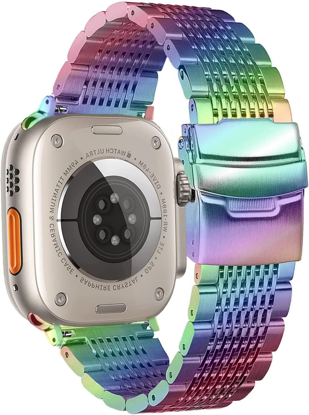 DEALELE Bands Compatible with iWatch 38mm 40mm 41mm, Solid 15-Rows Stainless Steel Metal Replacement Strap for Apple Watch Series 9/8 / 7/6 / 5/4 / 3 / SE/Ultra Women Men (Rainbow)