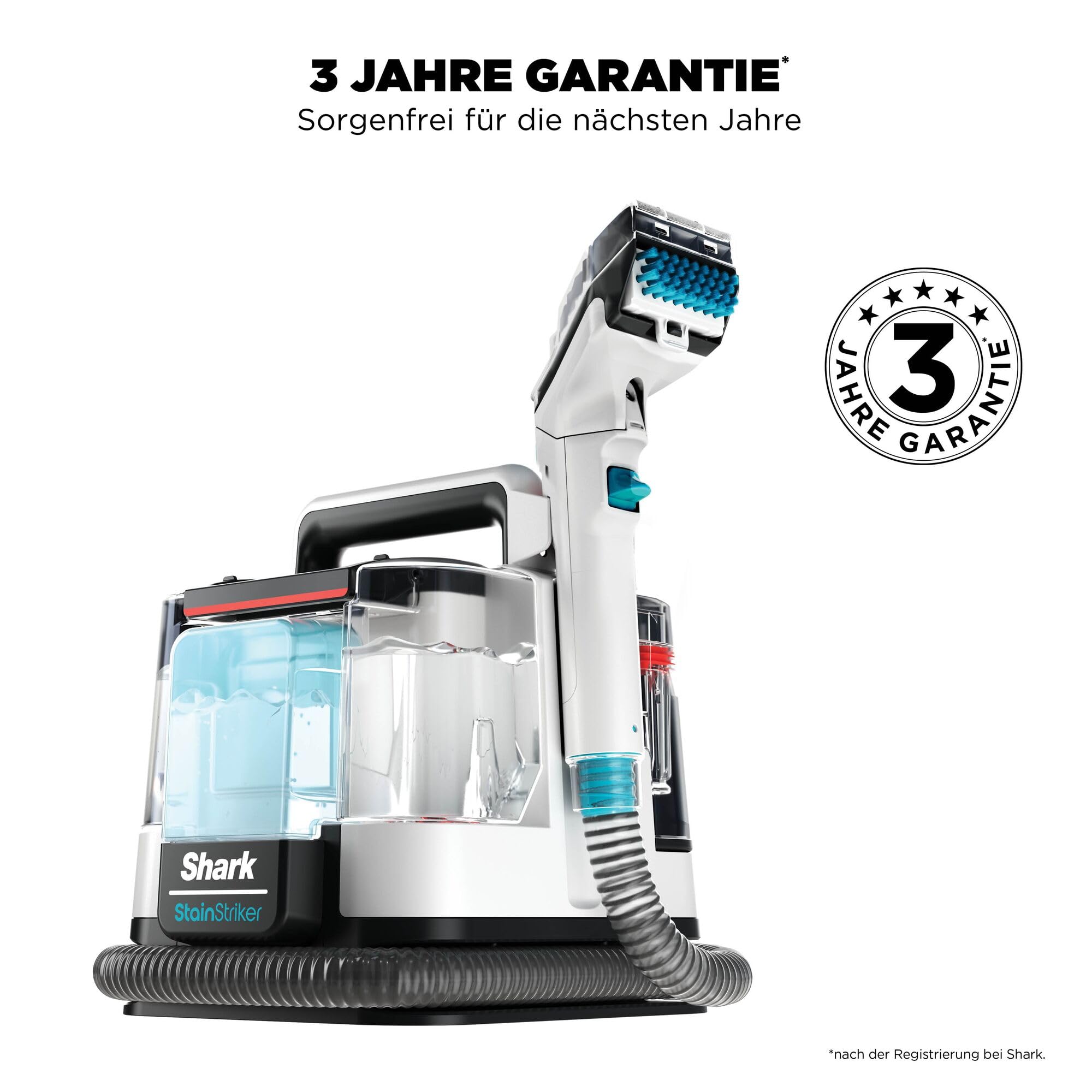 Shark StainStriker Fleckenreiniger mit 5 Aufsätzen, reinigt Teppich- und Polsterfasern, gegen Speisereste, Flüssigkeiten und Tiergeruch, leicht und tragbar, 450W, Weiß/Türkis, PX200EUT