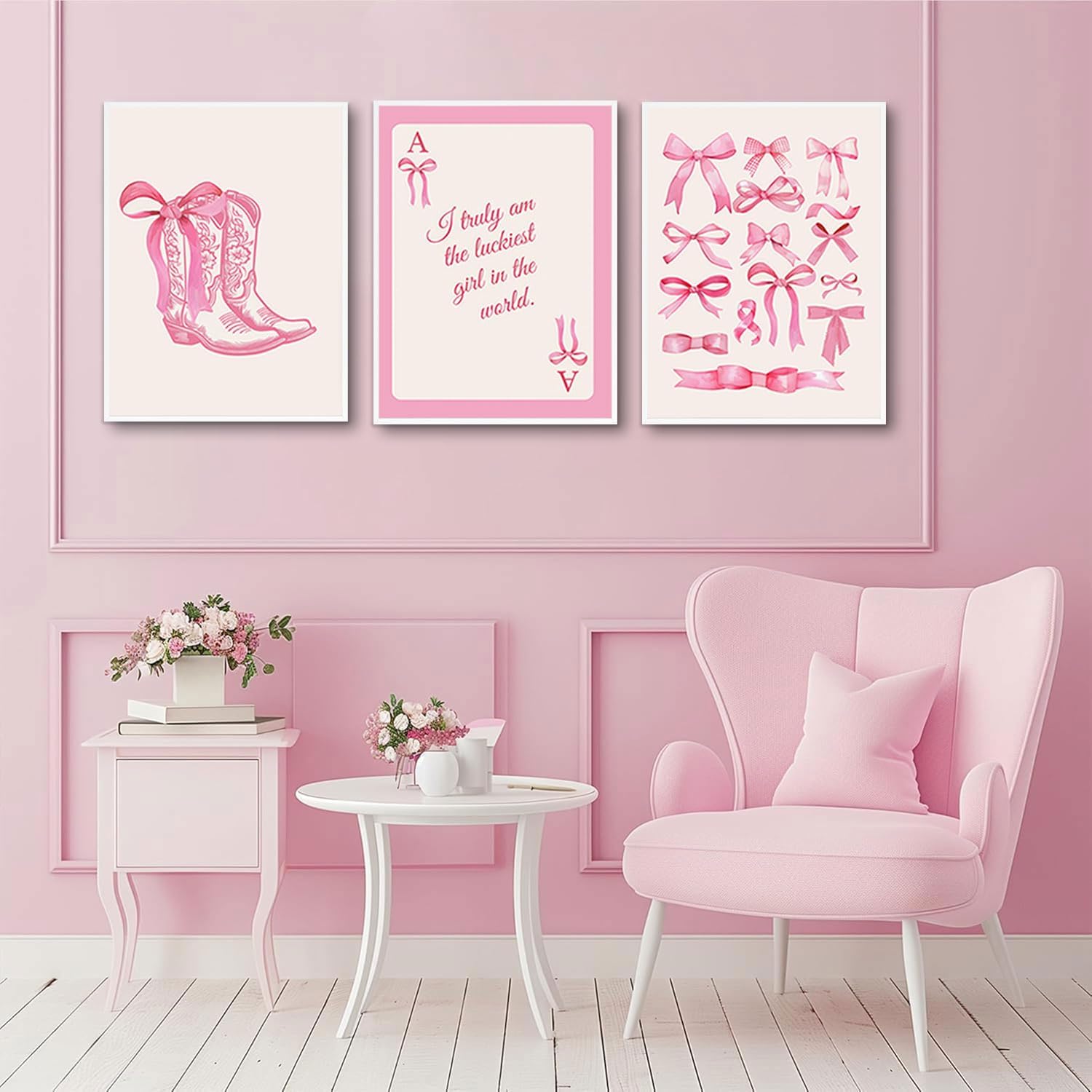 3pcs Fashion Pink Bow Wall Art Coquette Preppy Wall Decor Pink Cowboy Boots Painting Picture Lucky Girl Poker Canvas Poster Prints for Girls Dormitory College Apartment Home Decor 12x16in Unframed