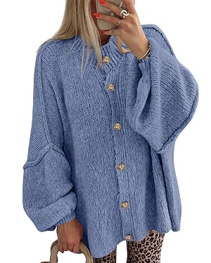 BTFBM Cardigan Sweaters for Women 2026 Fall Clothes Lantern Long Sleeve Button Open Front Chunky Knit Oversized Sweater