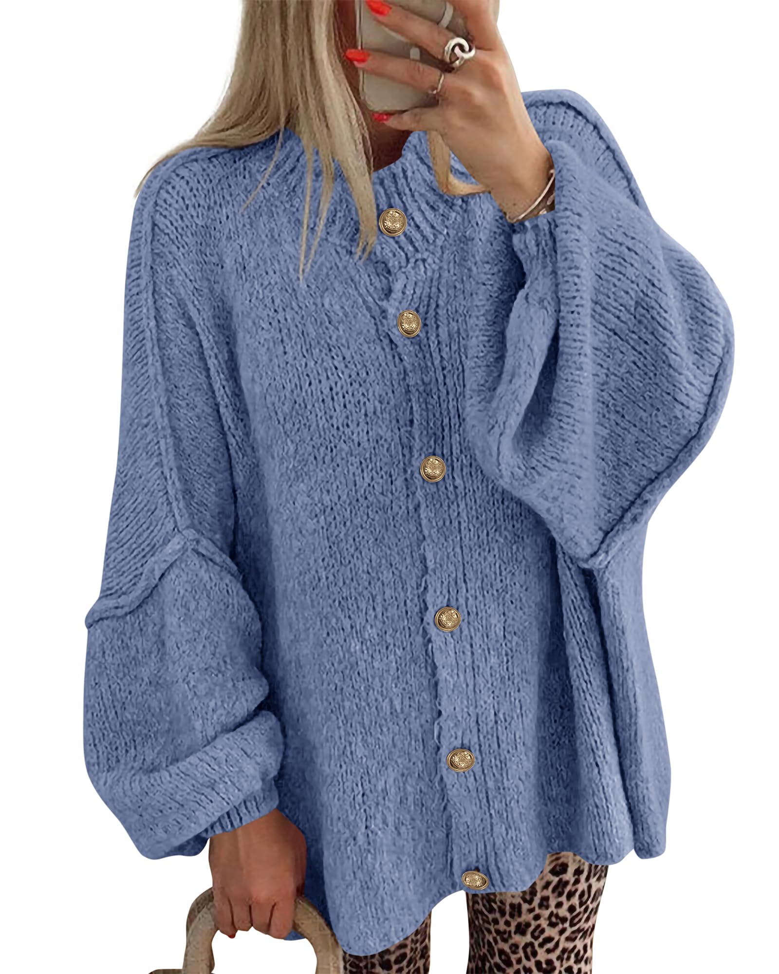 BTFBM Cardigan Sweaters for Women 2026 Fall Clothes Lantern Long Sleeve Button Open Front Chunky Knit Oversized Sweater