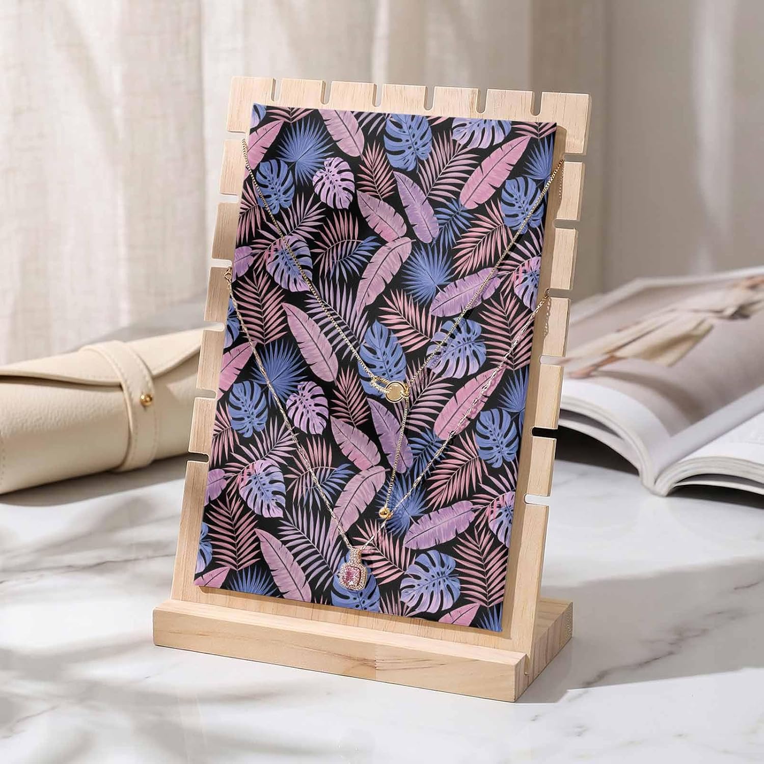 Necklace Display Stand Dusty Pink Monstera Leaf Detachable Necklace Holder Jewelry Display Storage, Tropical Foliage Palm Frond Wooden Jewelry Organizer for Selling 7x3x9in