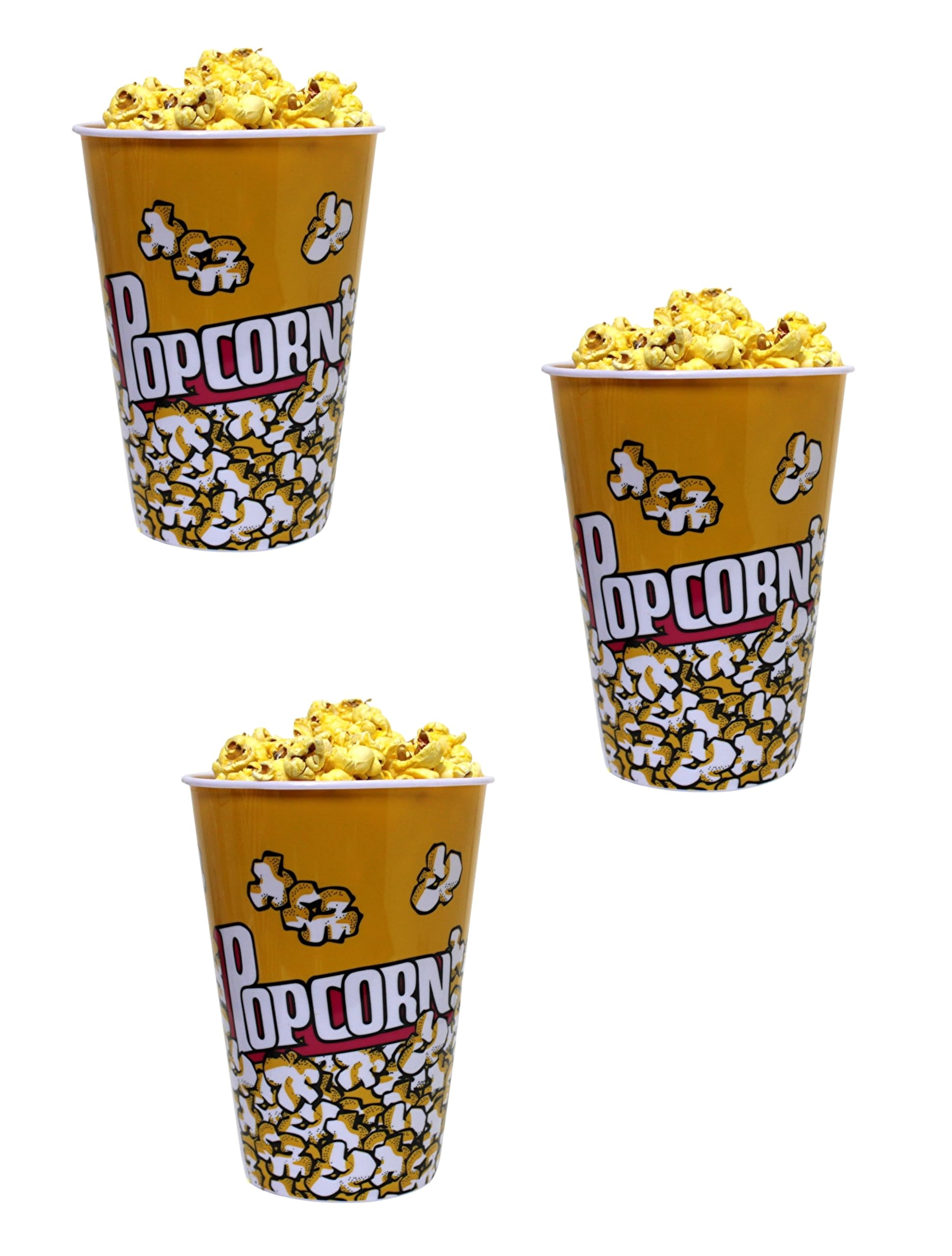 Dependable Industries inc. Essentials 3-Pack Retro Style Plastic Popcorn Containers – 7" Tall x 5" Top Diameter – Reusable Popcorn Buckets for Movie Nights, Parties, and Snack Time (46198-C)