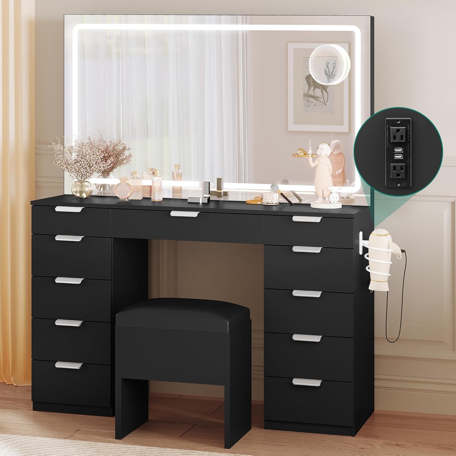 YITAHOME Vanity with Magnifying Glass, 46'' Vanity with Storage Bench for Bedroom, Black