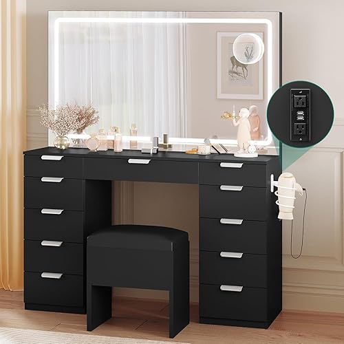 YITAHOME Vanity with Magnifying Glass, 46'' Vanity with Storage Bench for Bedroom, Black