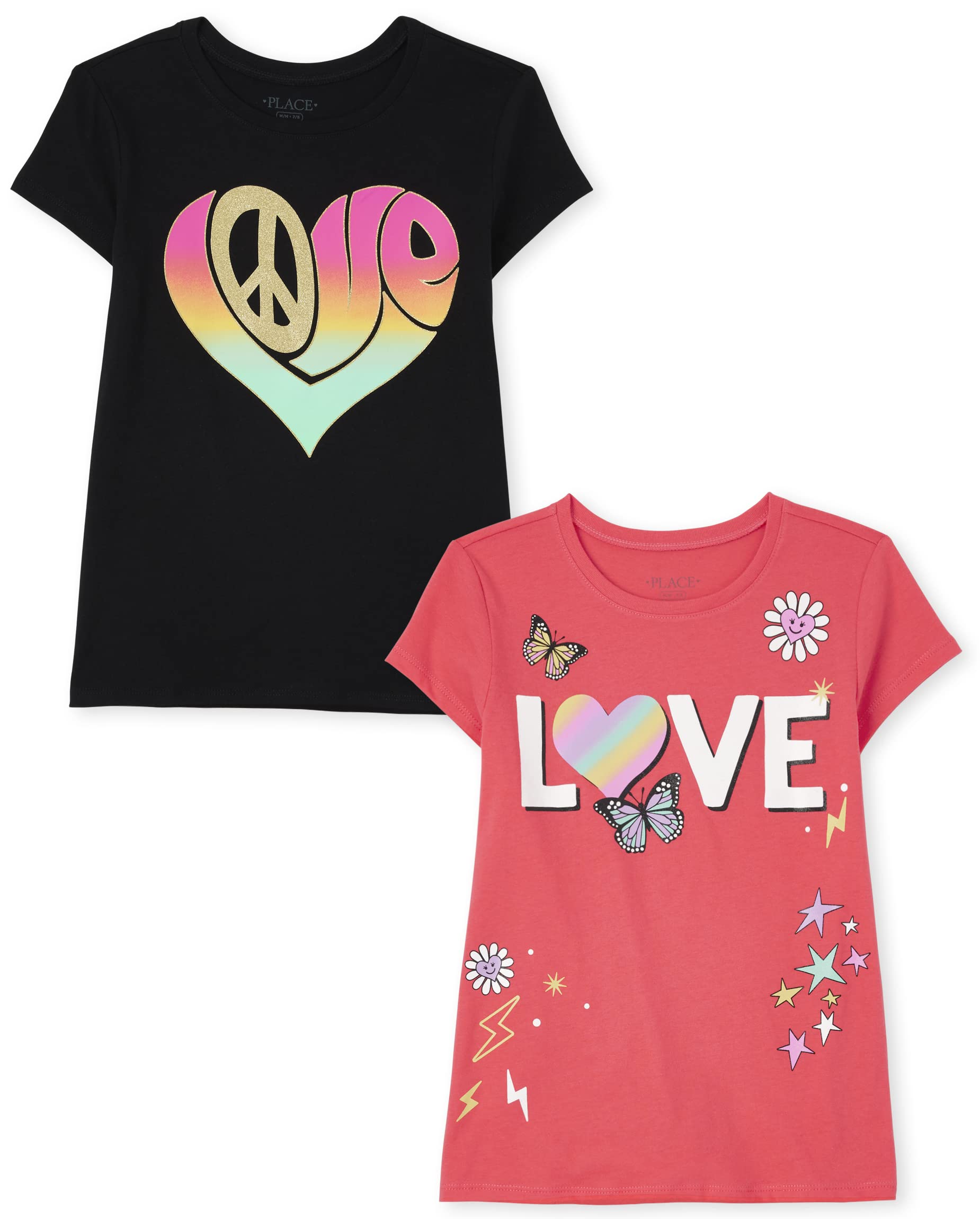 The Children's Place Girls' Kindness, Love, Equality Short Sleeve Graphic T-Shirts,multipacks, Love Heart/Butterflies, L