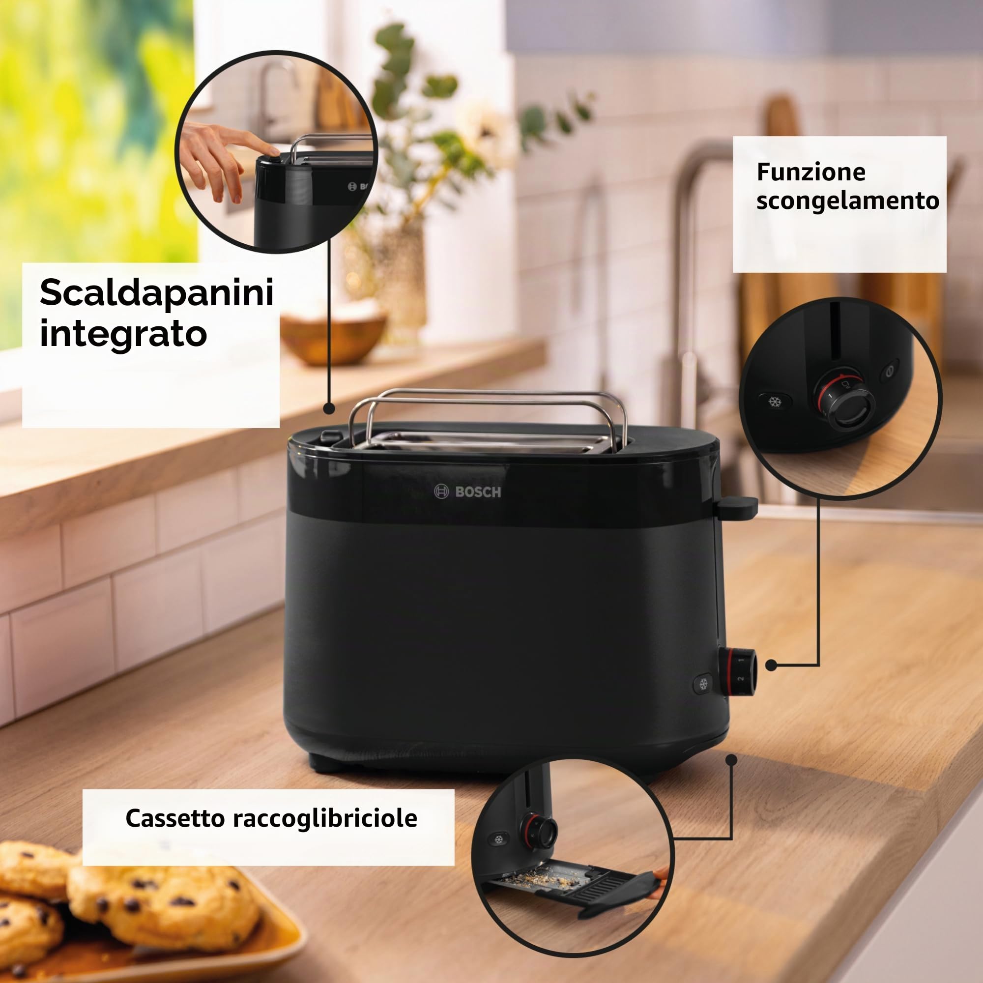 Bosch MyMoment TAT2M123 - Tostapane compatto, con funzione di scongelamento, con funzione di scongelamento, funzione di sollevamento, centraggio del pane, perfetto per 2 fette, 800 Watt, nero opaco