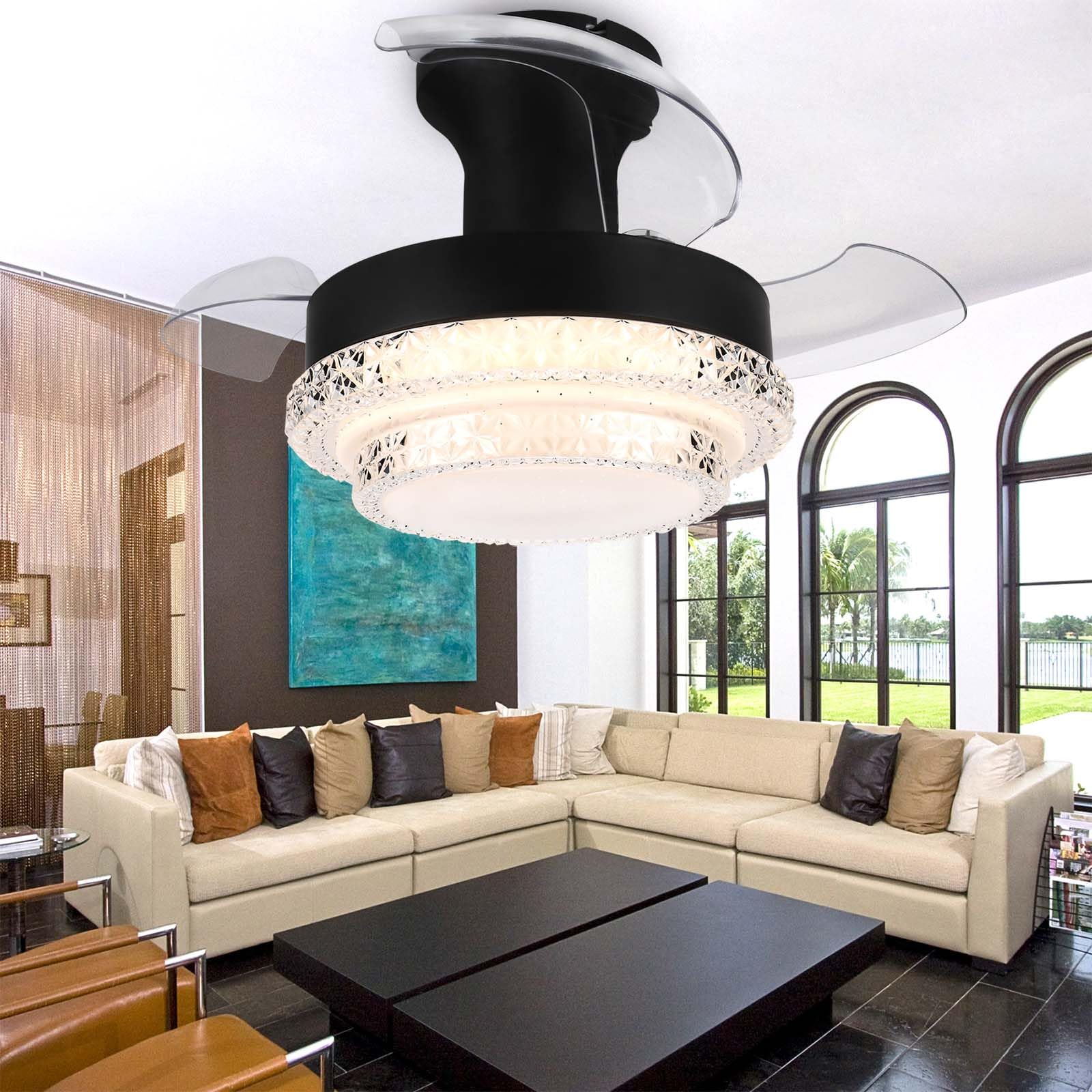 SXDMOUBK 52cm Retractable Ceiling Fan with Light Dimmable LED Chandelier 6 Speed Reversible Silent for Bedroom Kitchen Black