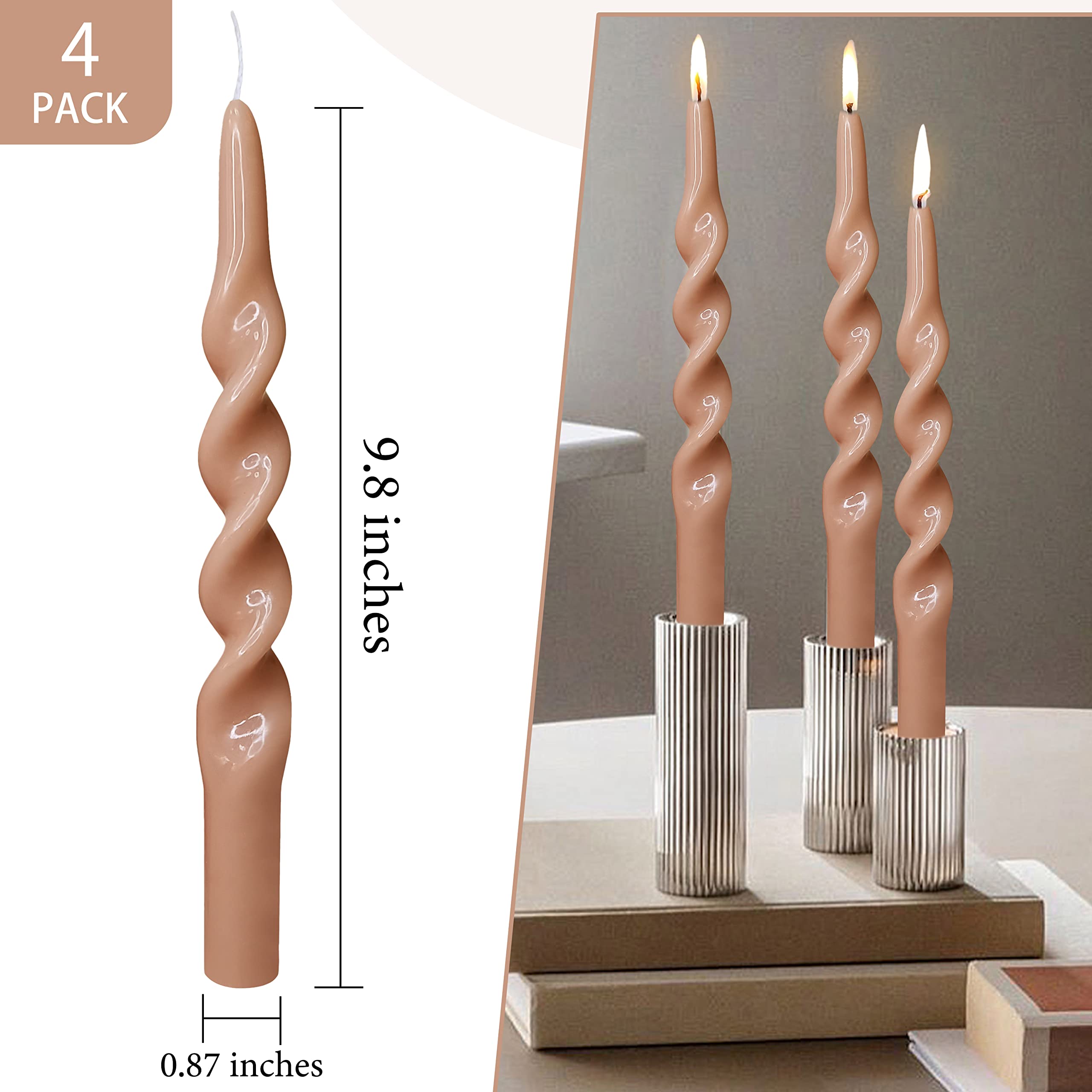 Braune spiralförmige Kerzen, 4 Stück, geruchlose Kerzen, Kerzenstäbchen für Abendessen, Haushalt, Hochzeit, Party, Heimdekoration, Kerzen