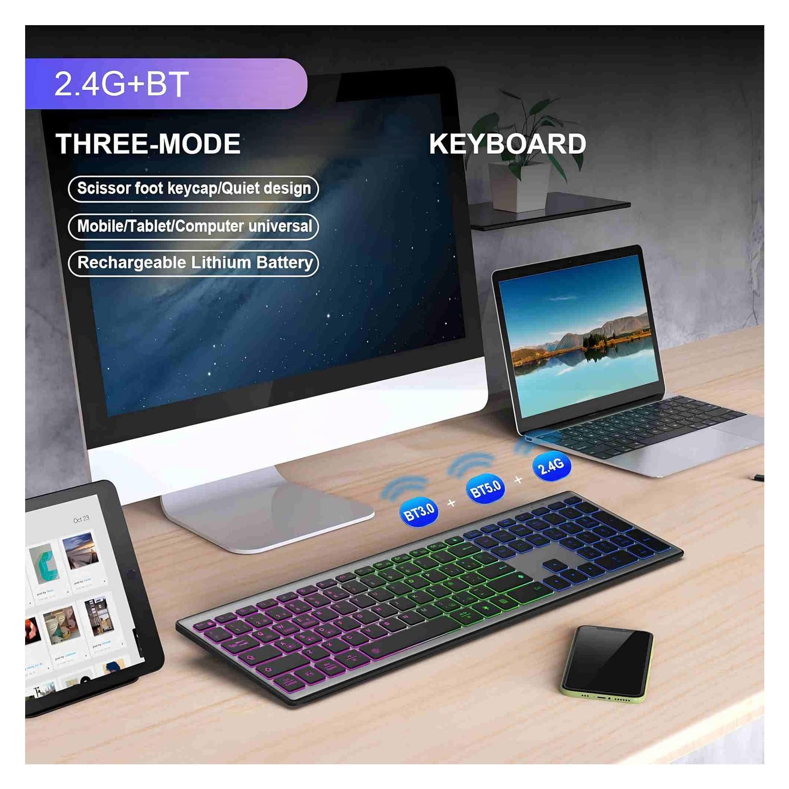 Jectse Tastiera Wireless a 110 Tasti, Retroilluminata RGB, Ricaricabile, con Interruttori a Forbice Silenziosi a Basso Profilo, per IOS, e macOS.