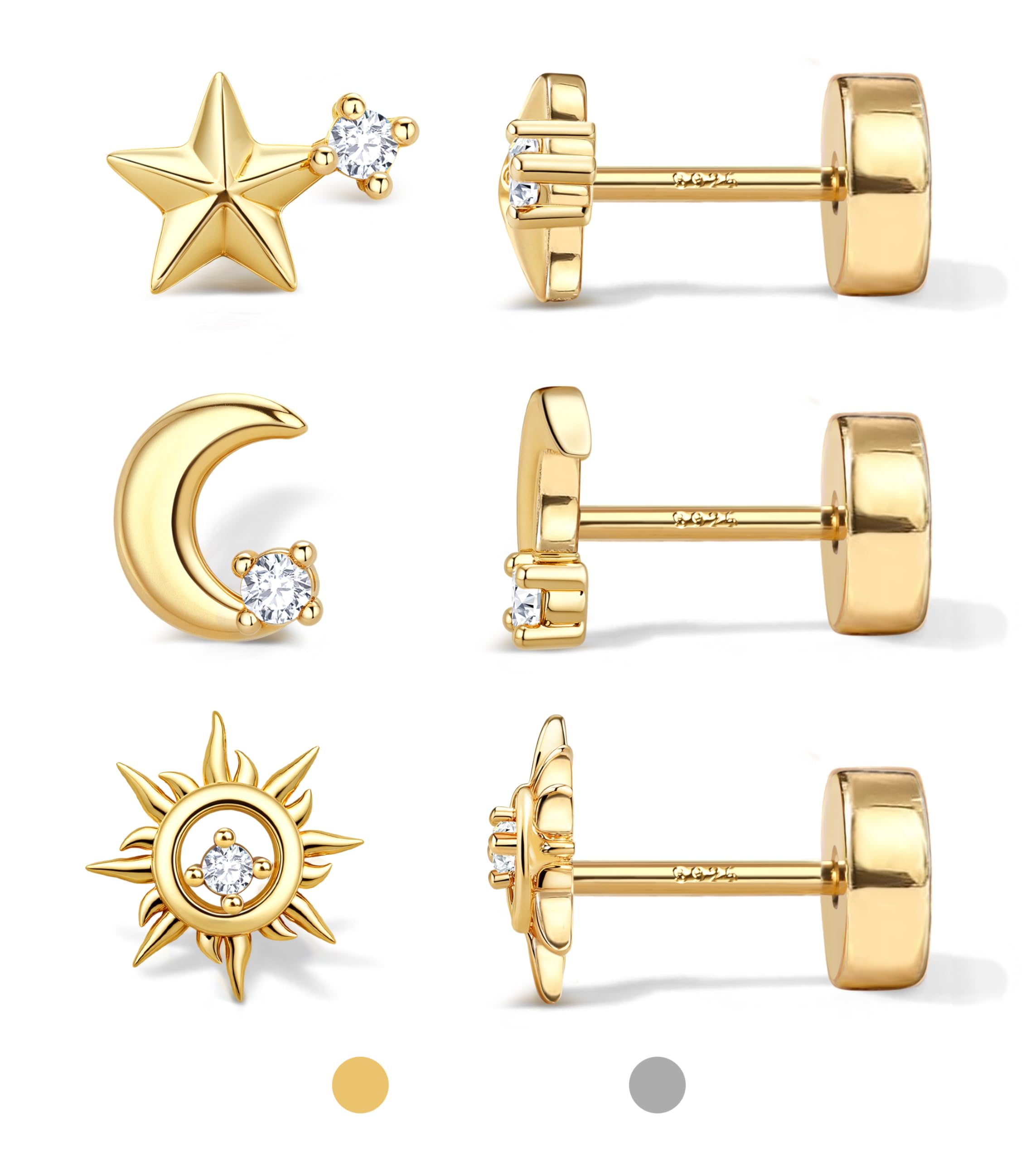 Dochais 14k Gold Plated 925 Sterling Silver Post Stud Earrings Set, Flat Back St