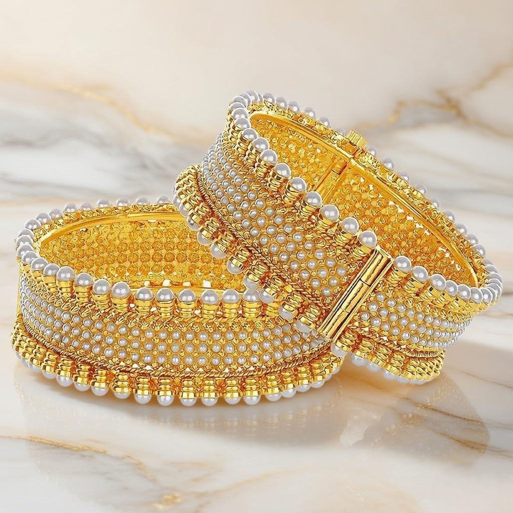 Efulgenz Indian Bangles for Women Gold Tone Traditional Bridal Faux Pearl Beaded Bracelets Bollywood Jewelry Fashion Wedding Bracelet Bangle Set (2 Pcs)